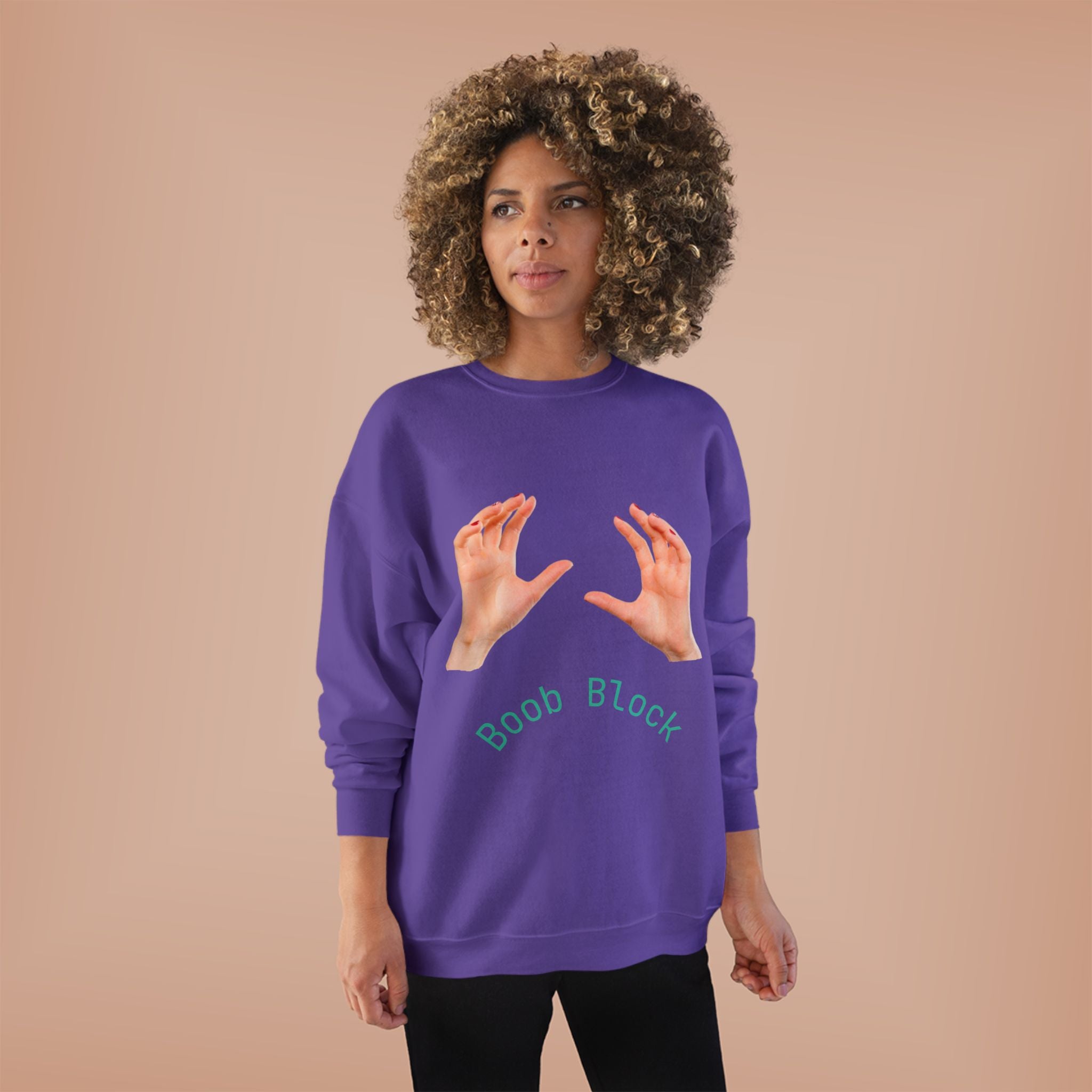 Crewneck Sweatshirt — "Boob Block" Hands Graphic Pullover