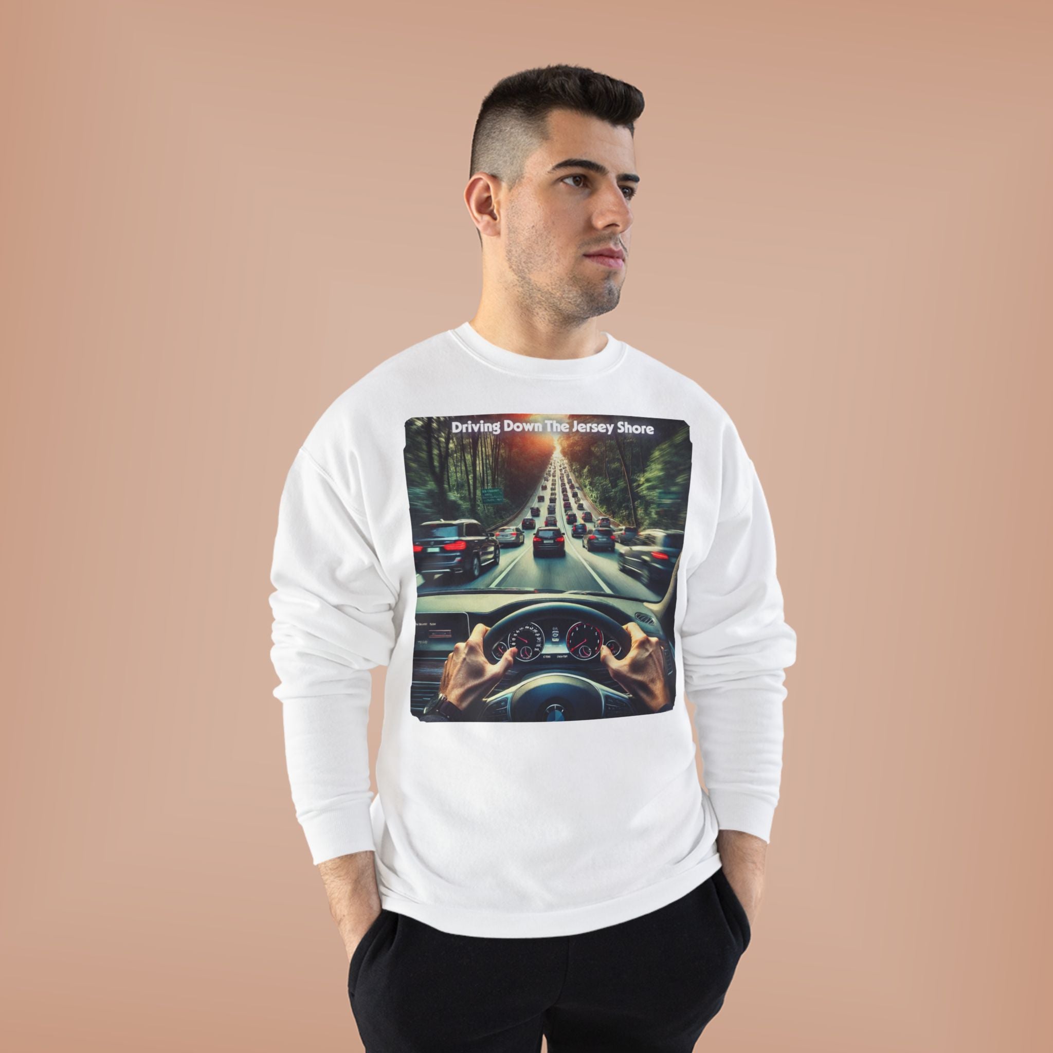 Crewneck Sweatshirt — "Driving Down The Jersey Shore" Scenic Road Trip Design