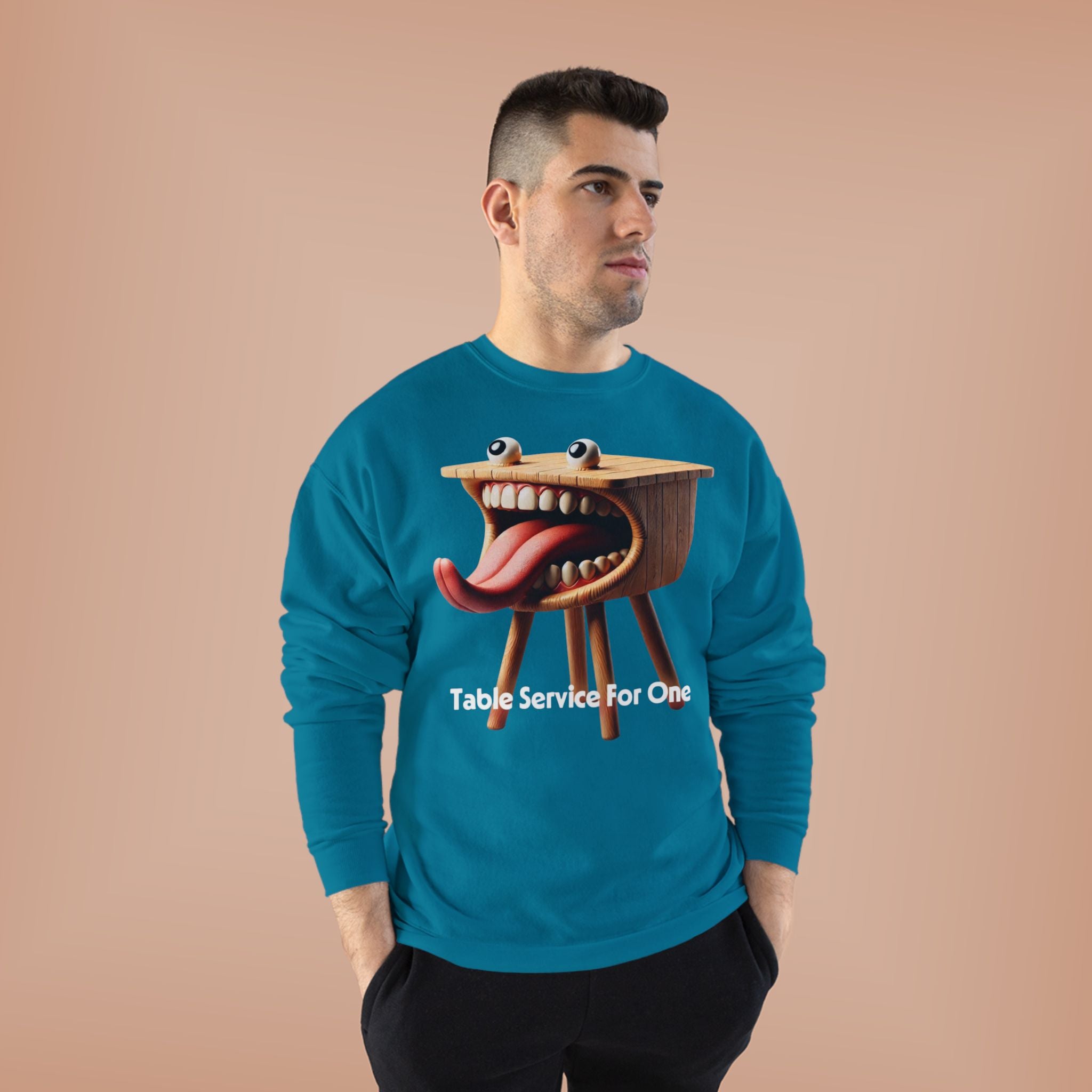 Table Service For One Crewneck Sweatshirt — Funny Surreal Table Graphic