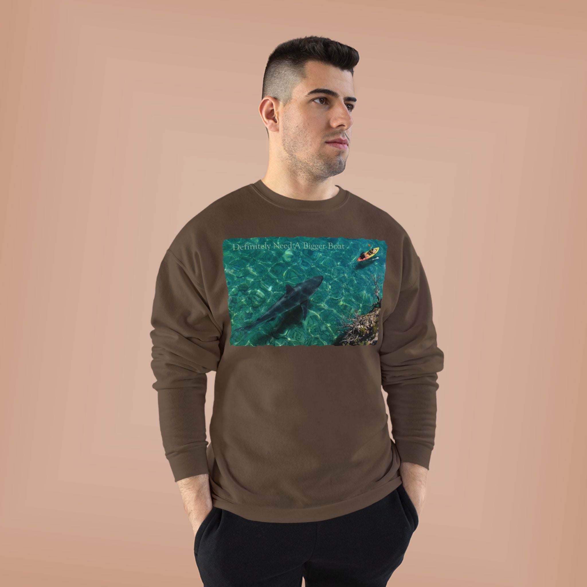 Crewneck Sweatshirt — Kayak Over Shark Photo Graphic