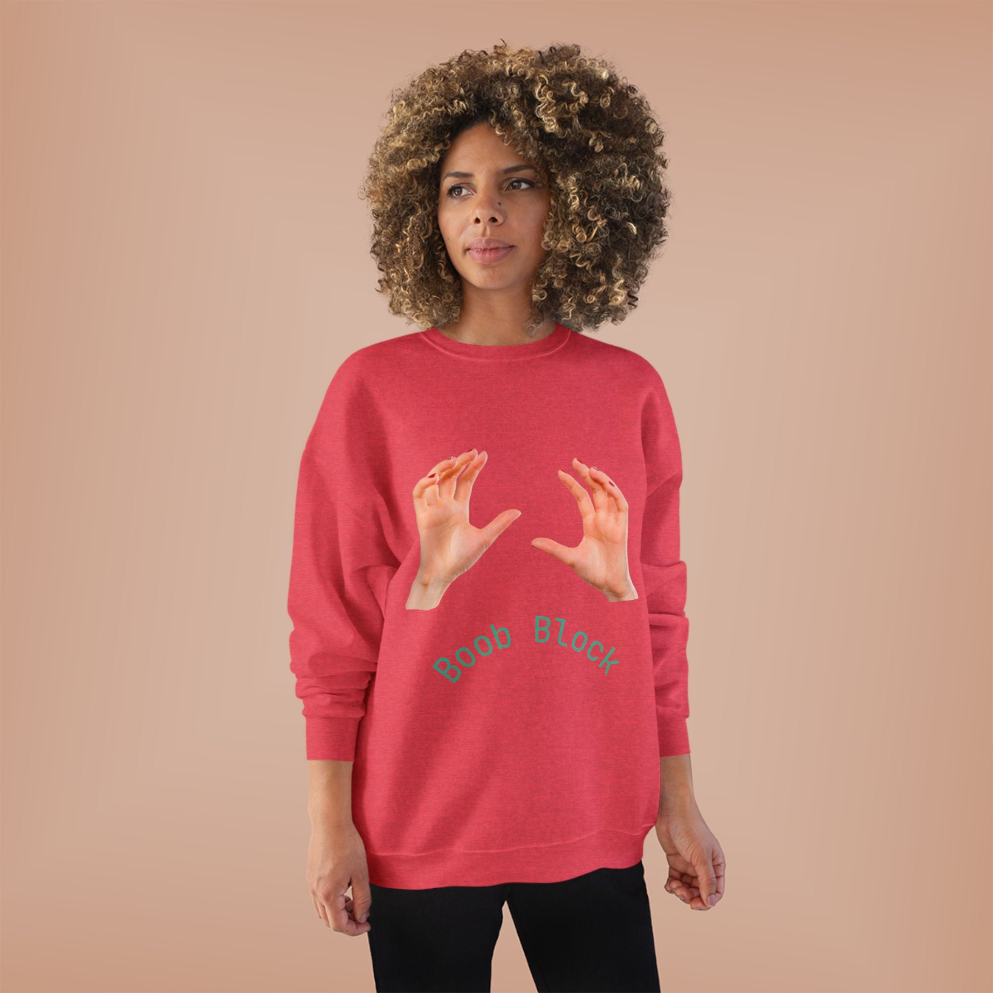 Crewneck Sweatshirt — "Boob Block" Hands Graphic Pullover