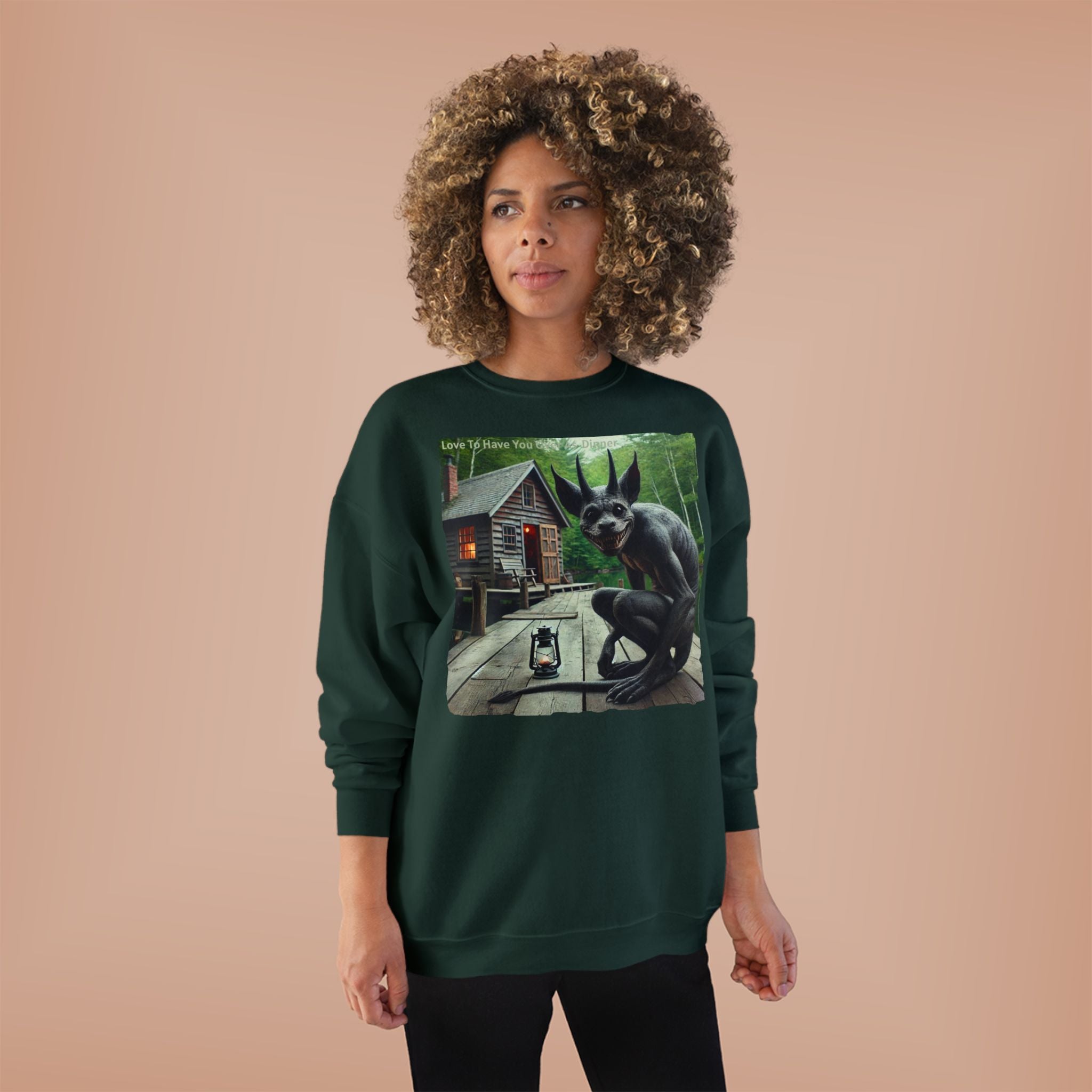 Creepy Cabin Gargoyle Sweatshirt — Haunted Forest Monster Crewneck