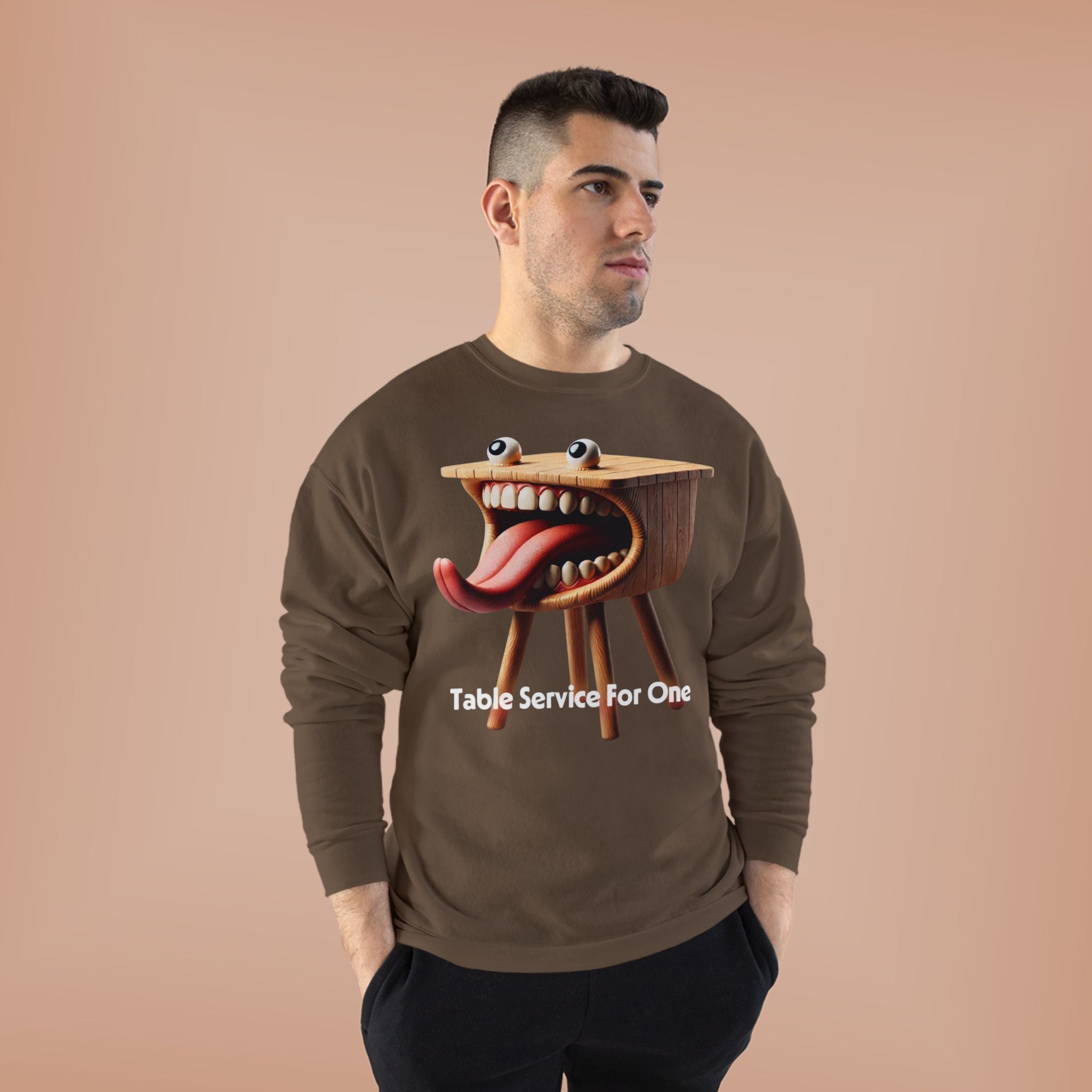 Table Service For One Crewneck Sweatshirt — Funny Surreal Table Graphic