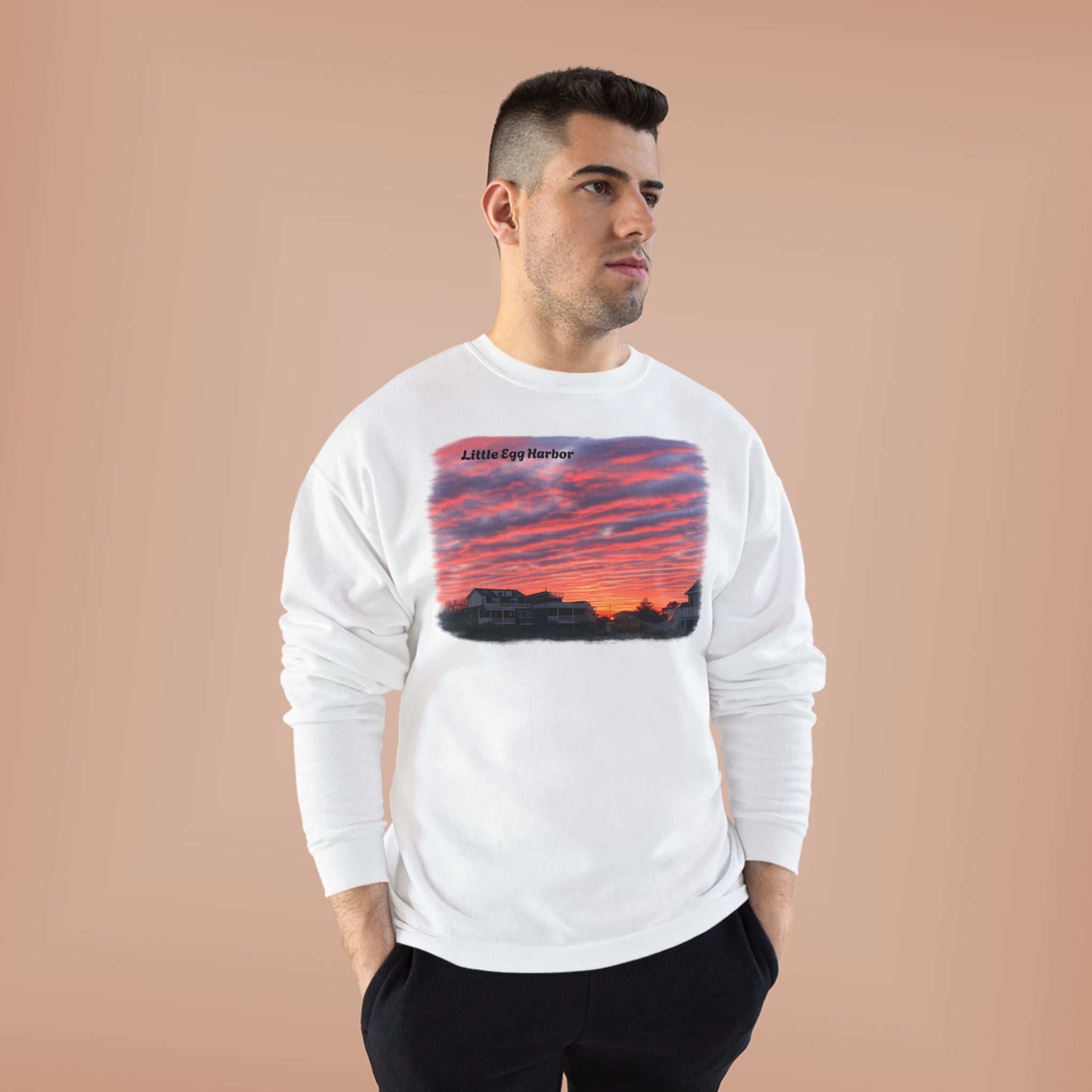 Sunset Landscape Crewneck Sweatshirt – "Little Bay Harbor" Scenic Graphic