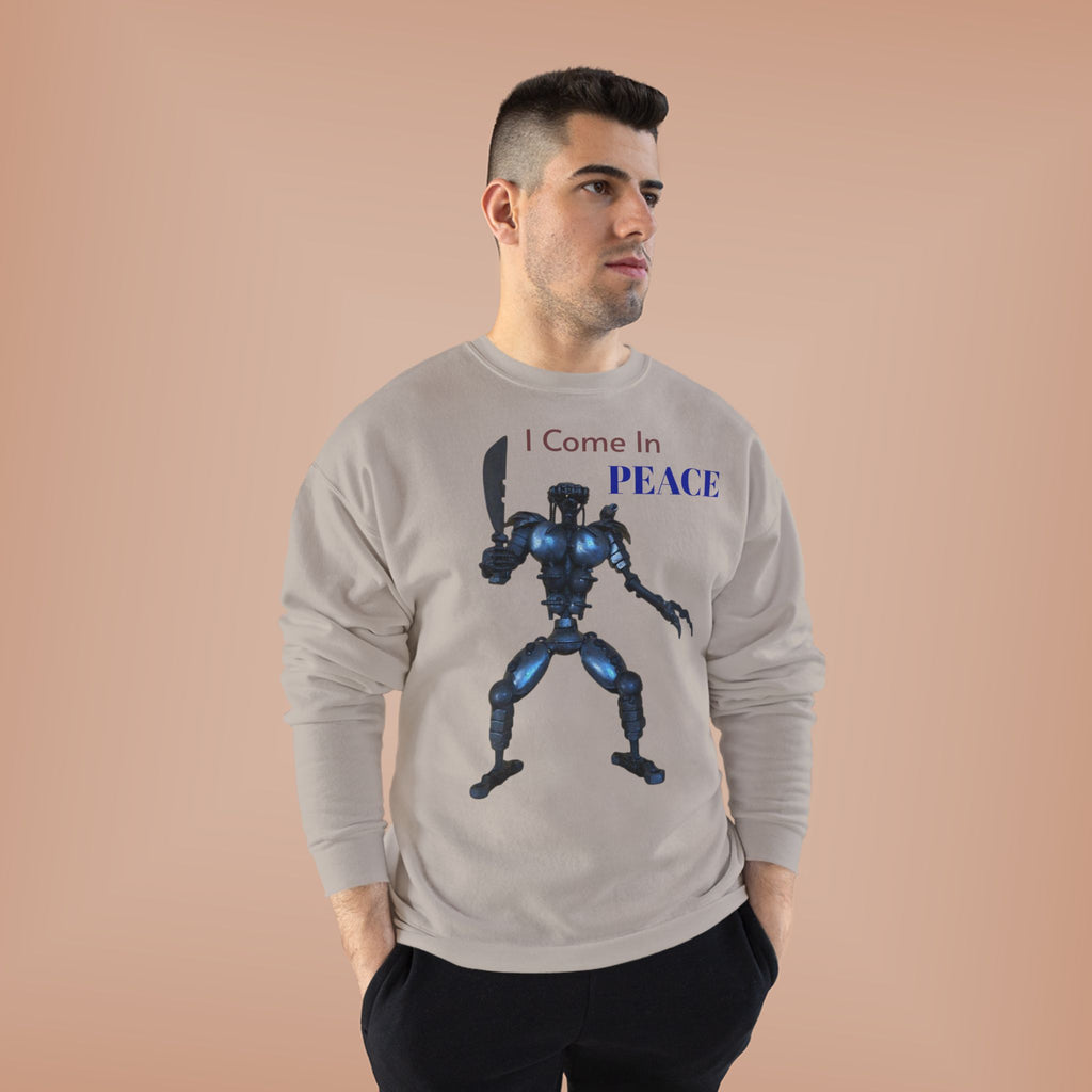 I Come In Peace Robot Crewneck Sweatshirt — Sci‑Fi Alien Warrior Graphic