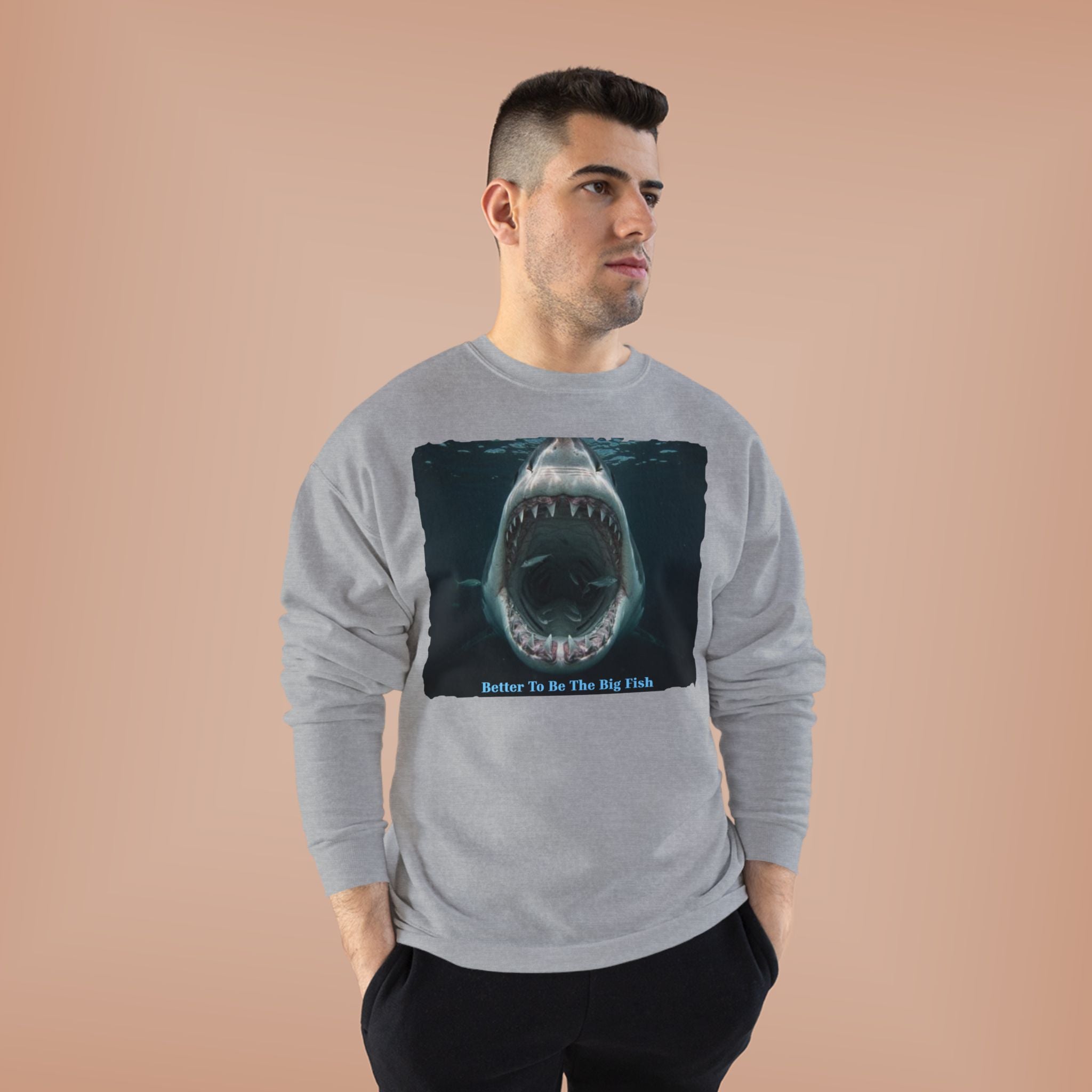 Shark Bite Crewneck Sweatshirt — 'Batter Up, Be The Big Fish' Graphic