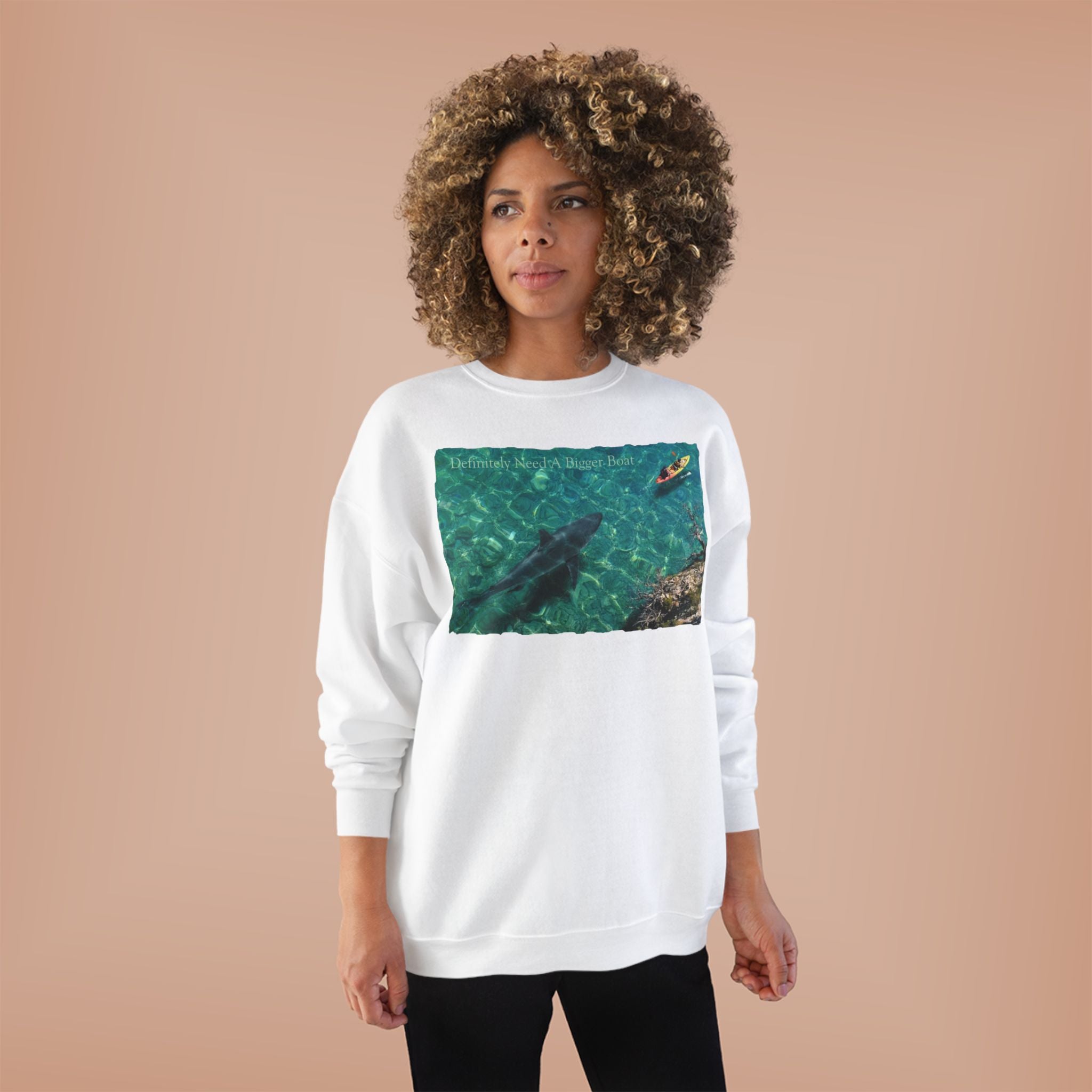 Crewneck Sweatshirt — Kayak Over Shark Photo Graphic