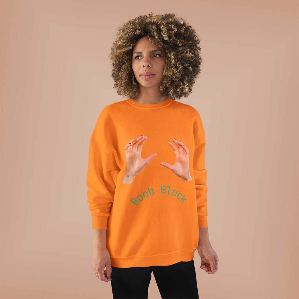 Crewneck Sweatshirt — "Boob Block" Hands Graphic Pullover