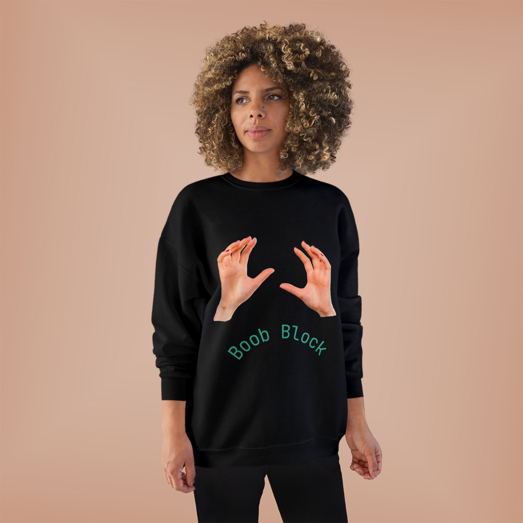 Crewneck Sweatshirt — "Boob Block" Hands Graphic Pullover