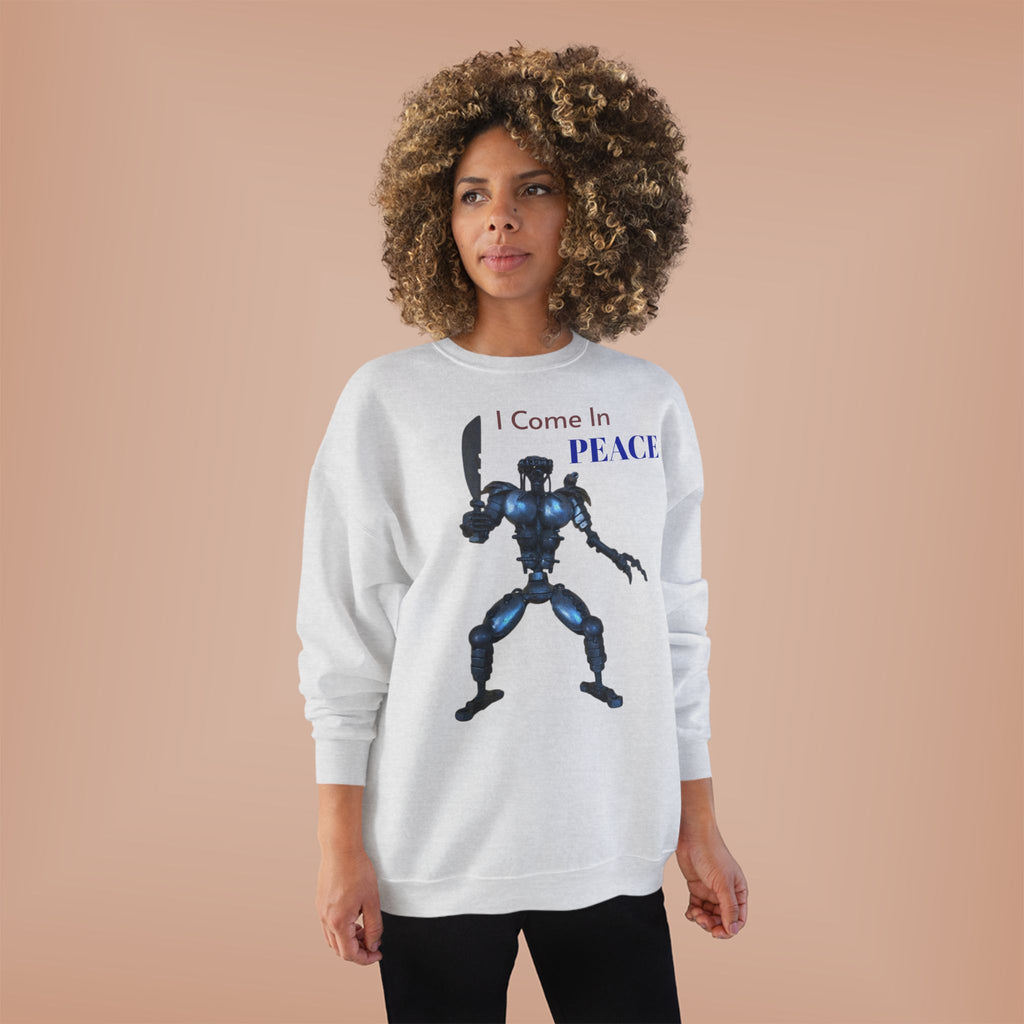 I Come In Peace Robot Crewneck Sweatshirt — Sci‑Fi Alien Warrior Graphic
