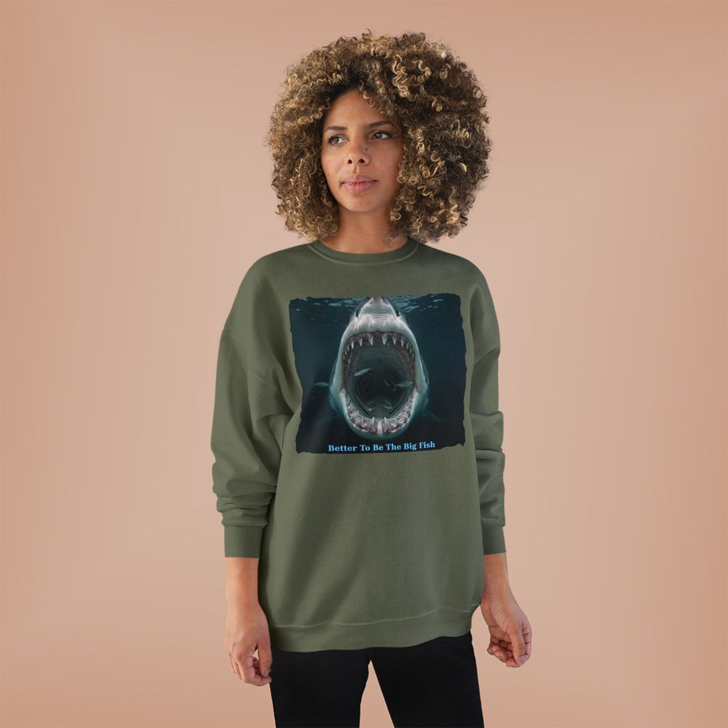Shark Bite Crewneck Sweatshirt — 'Batter Up, Be The Big Fish' Graphic
