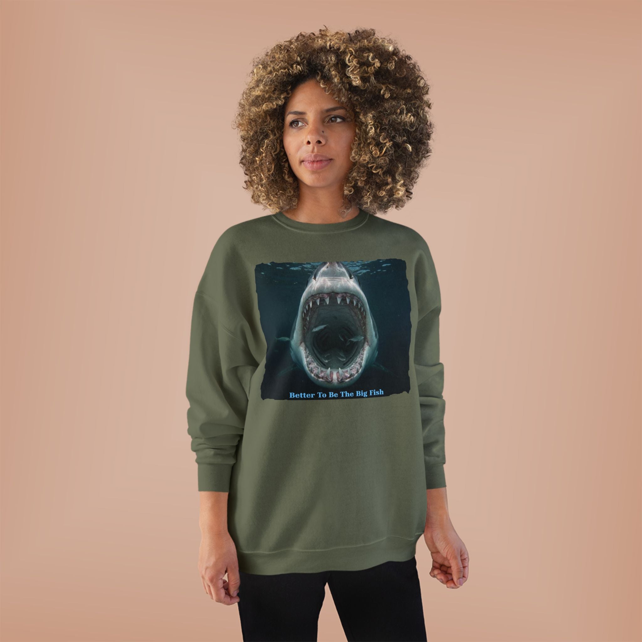 Shark Bite Crewneck Sweatshirt — 'Batter Up, Be The Big Fish' Graphic
