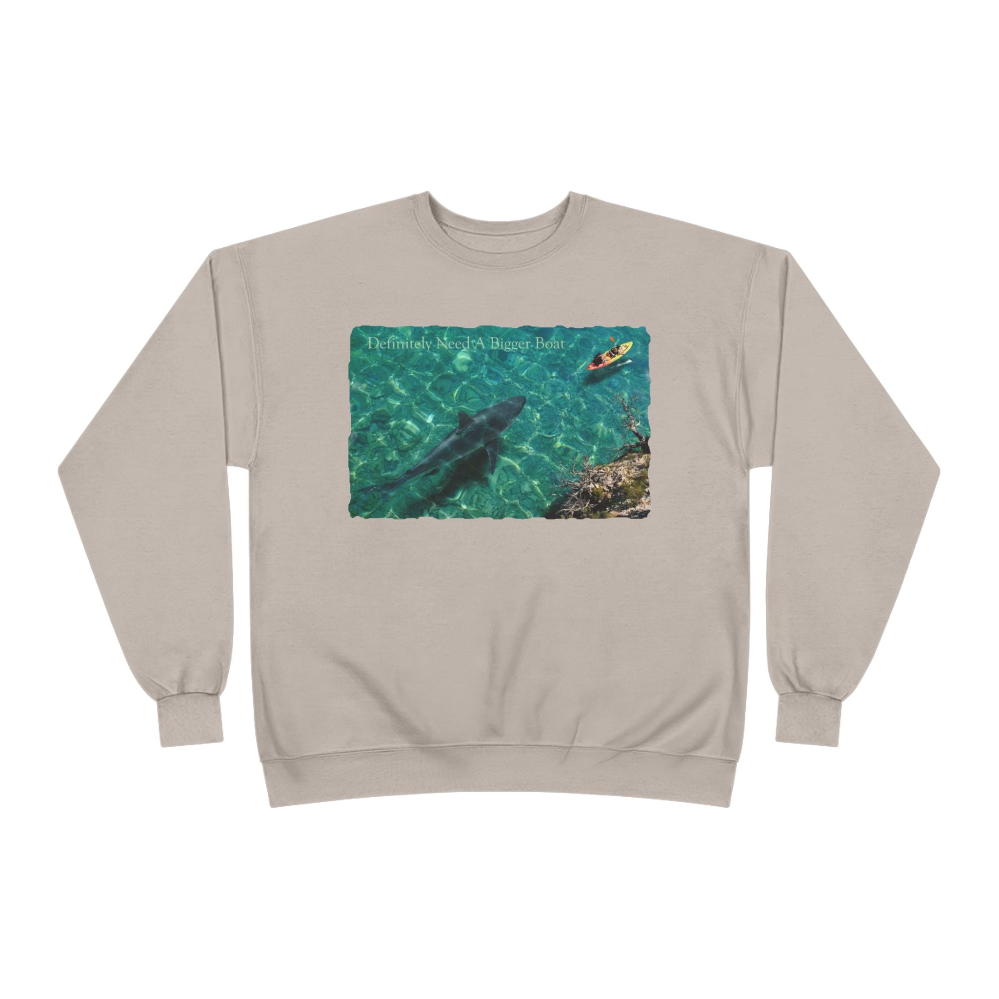 Crewneck Sweatshirt — Kayak Over Shark Photo Graphic