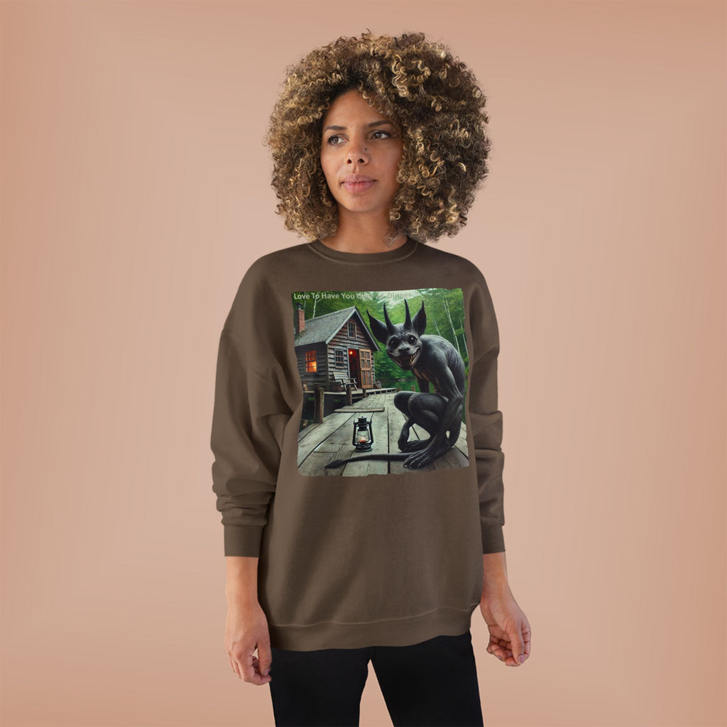 Creepy Cabin Gargoyle Sweatshirt — Haunted Forest Monster Crewneck