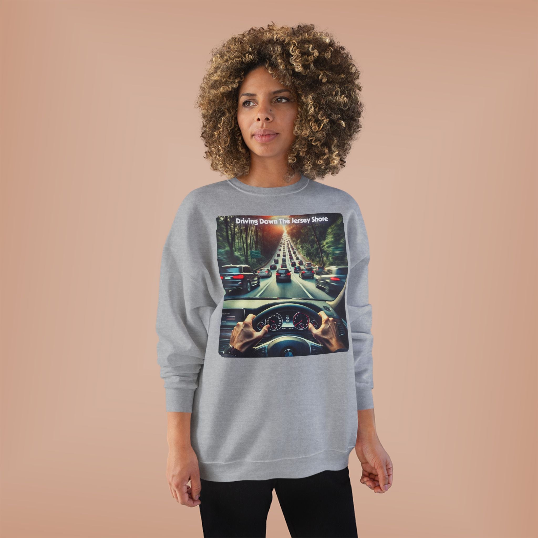 Crewneck Sweatshirt — "Driving Down The Jersey Shore" Scenic Road Trip Design