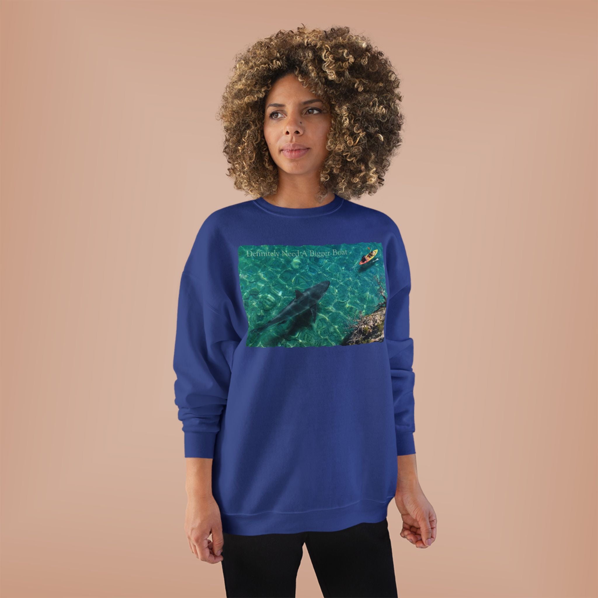 Crewneck Sweatshirt — Kayak Over Shark Photo Graphic