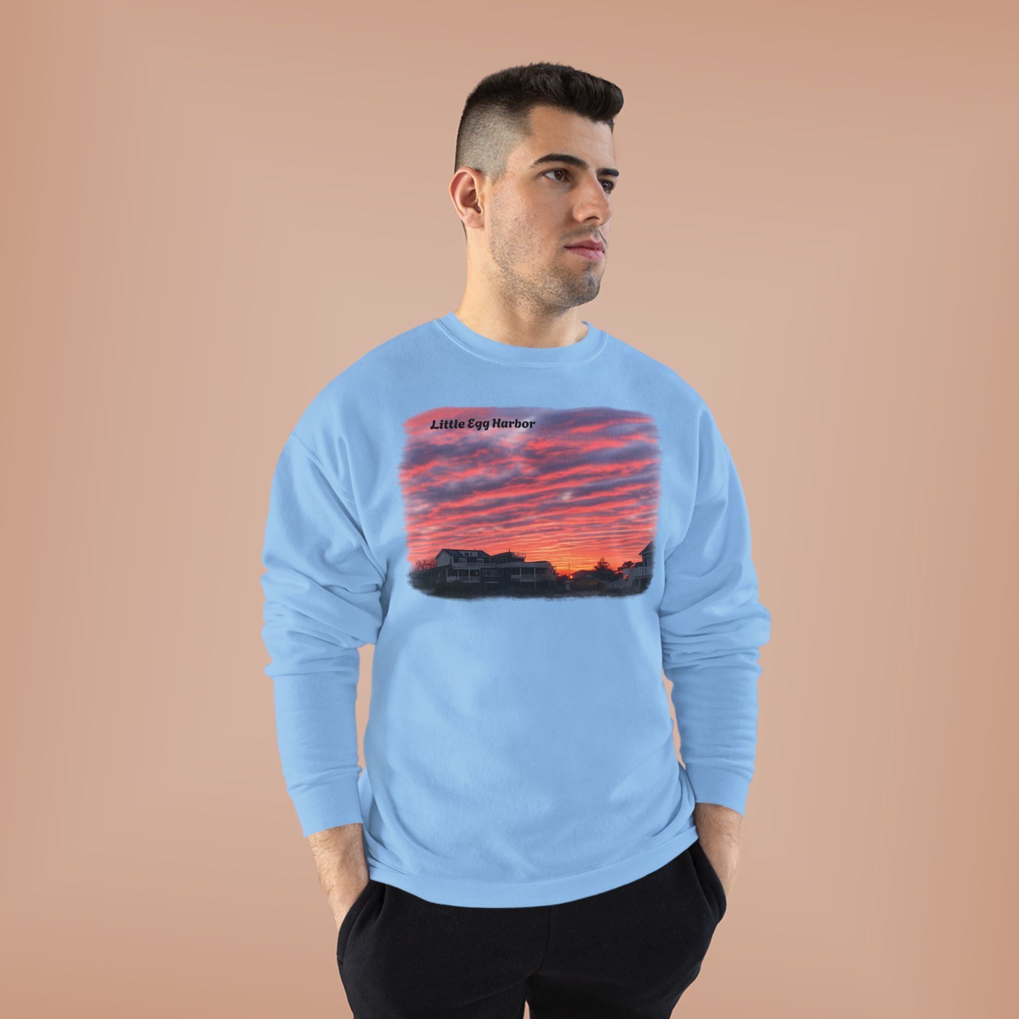 Sunset Landscape Crewneck Sweatshirt – "Little Bay Harbor" Scenic Graphic