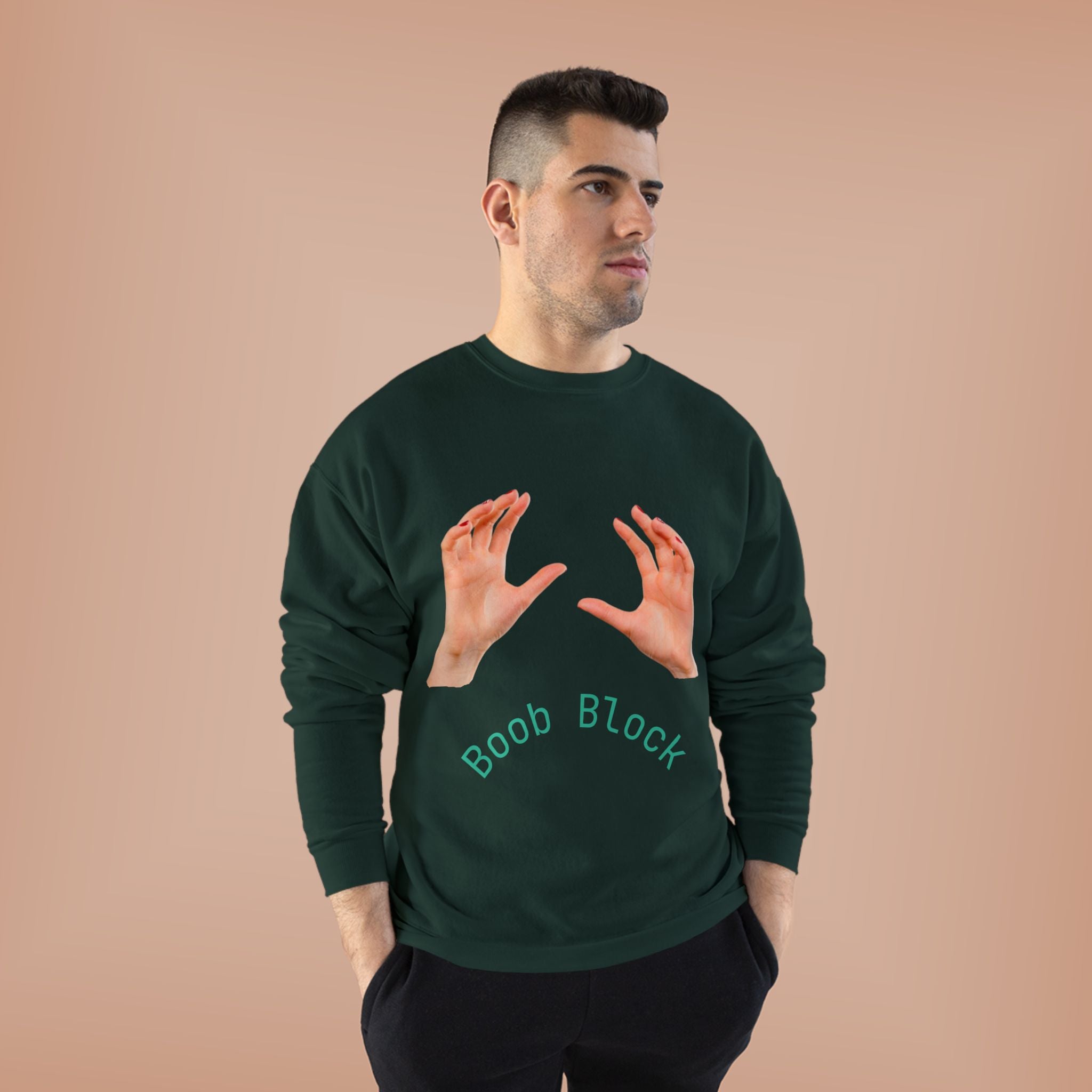 Crewneck Sweatshirt — "Boob Block" Hands Graphic Pullover