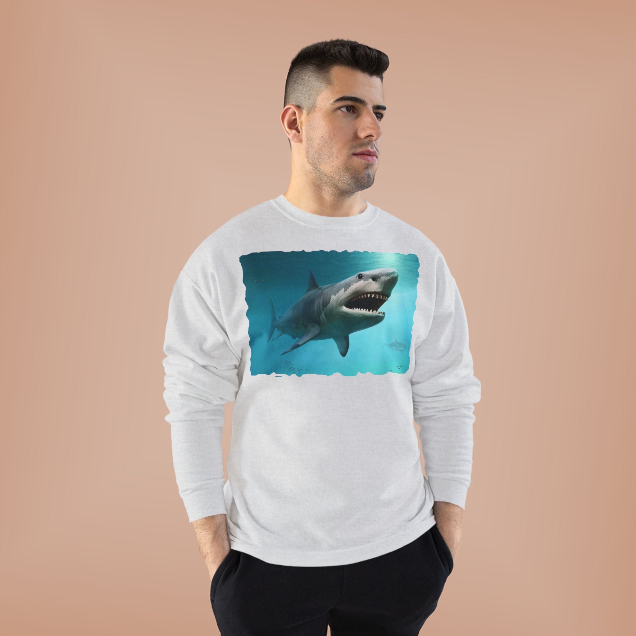 Shark Graphic Crewneck Sweatshirt — Great White Ocean Illustration