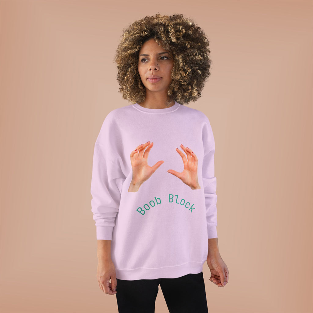 Crewneck Sweatshirt — "Boob Block" Hands Graphic Pullover