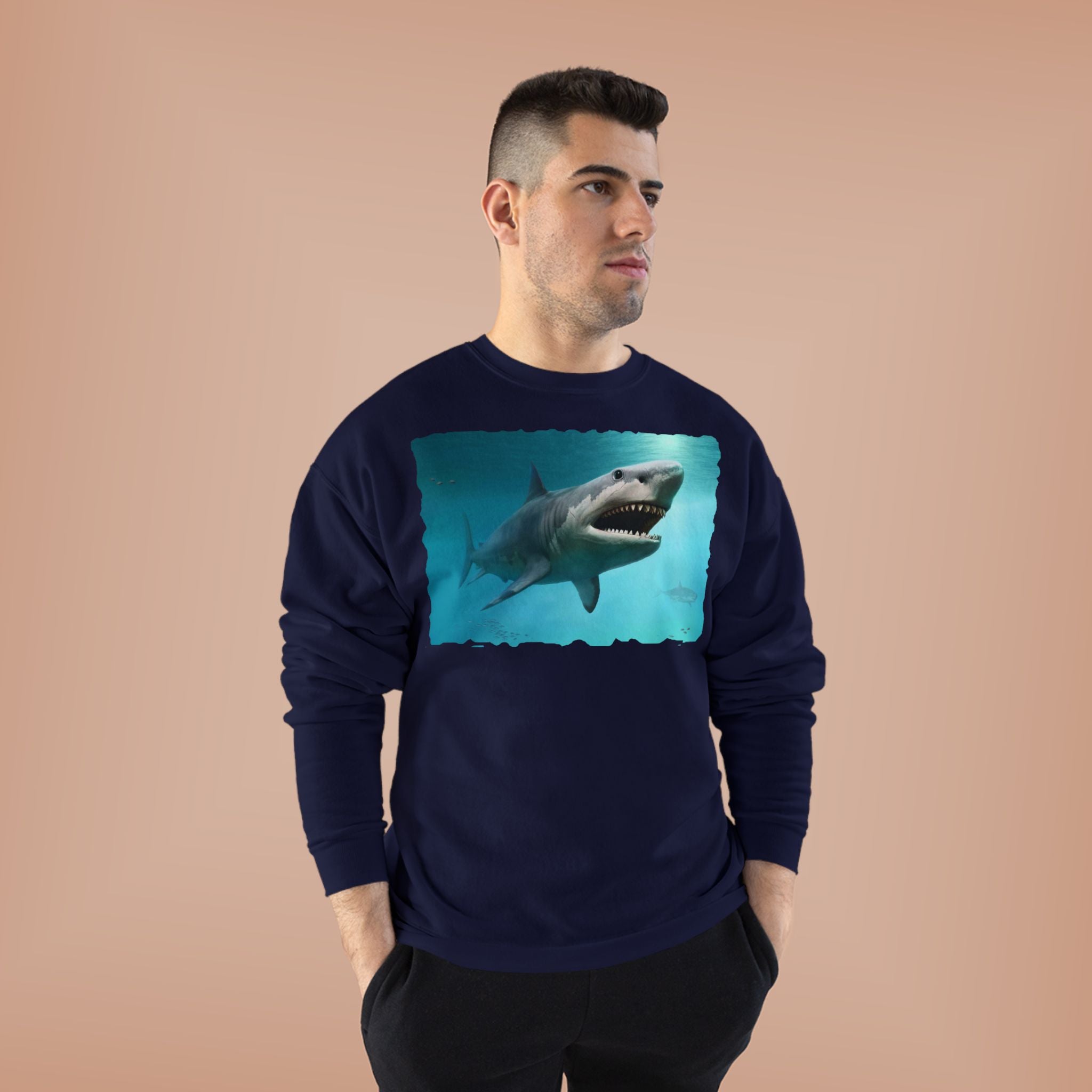 Shark Graphic Crewneck Sweatshirt — Great White Ocean Illustration