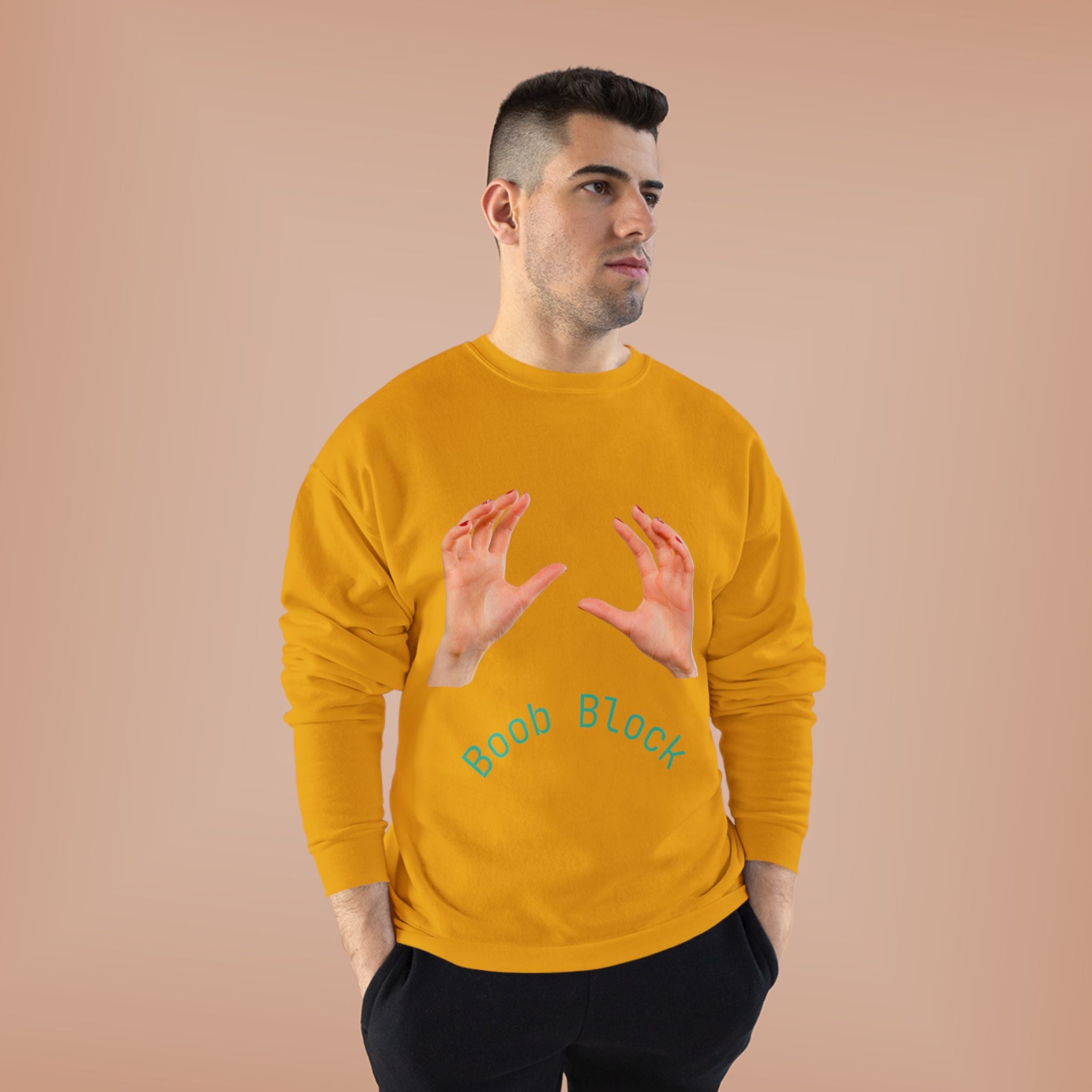 Crewneck Sweatshirt — "Boob Block" Hands Graphic Pullover