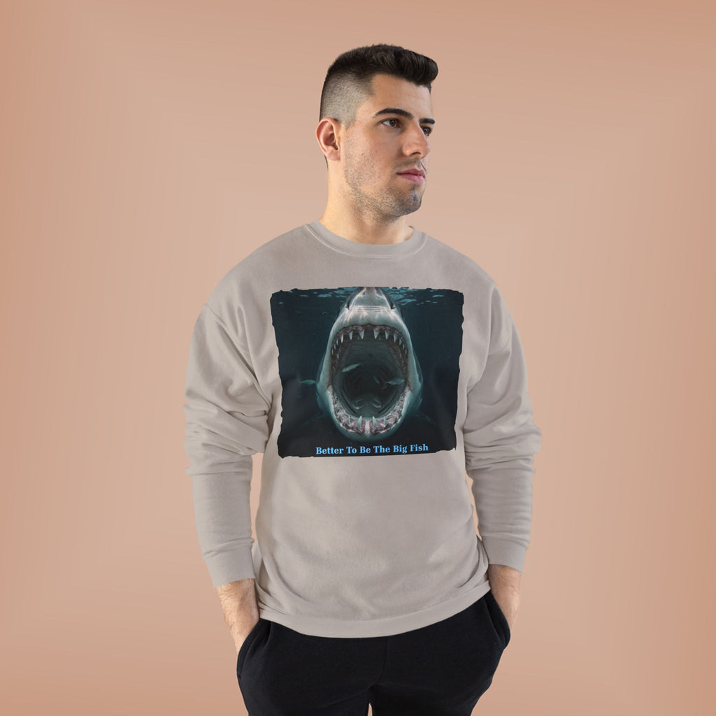 Shark Bite Crewneck Sweatshirt — 'Batter Up, Be The Big Fish' Graphic