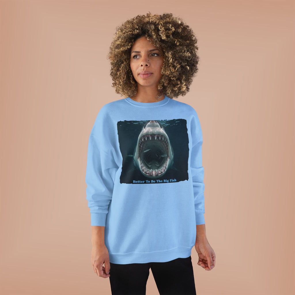 Shark Bite Crewneck Sweatshirt — 'Batter Up, Be The Big Fish' Graphic