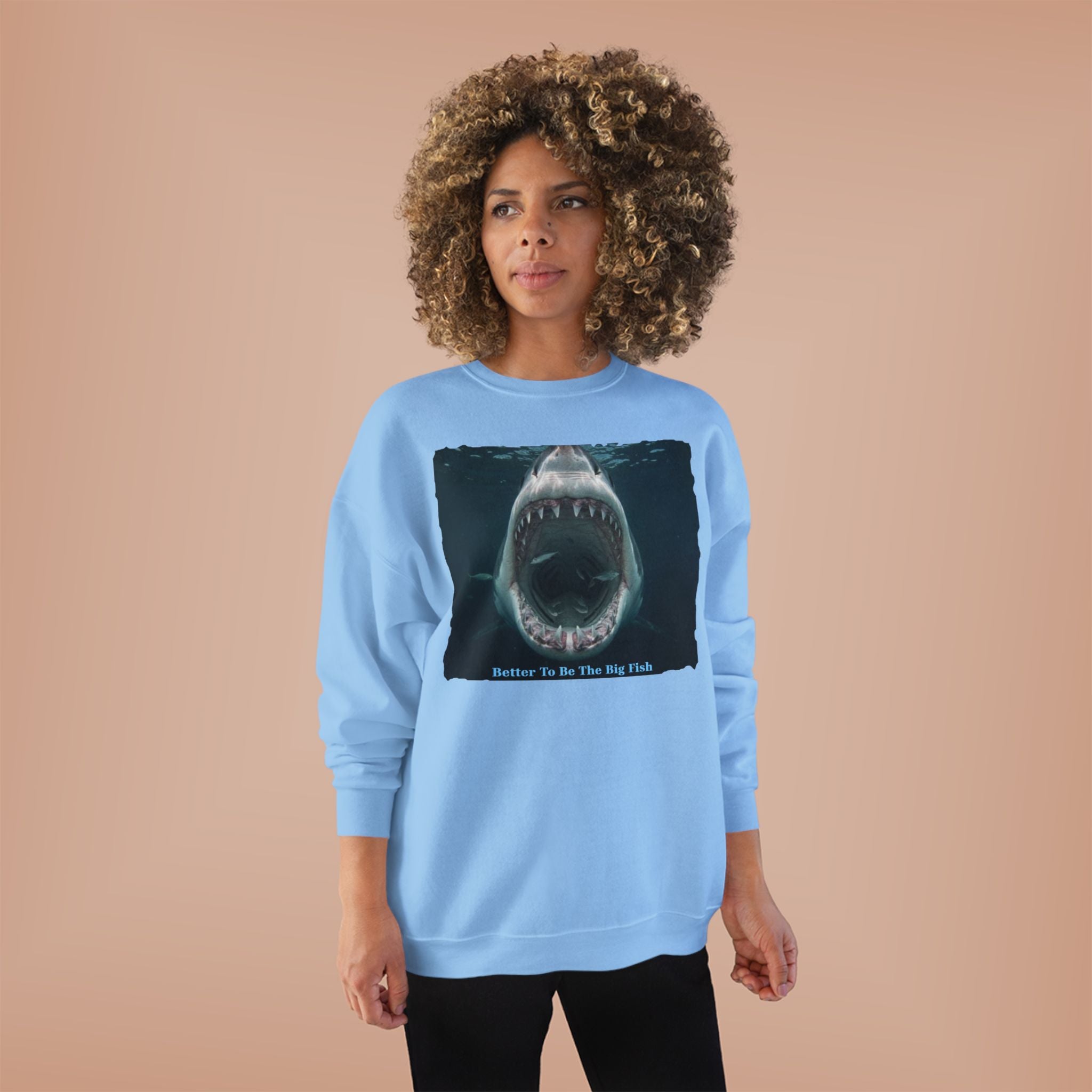 Shark Bite Crewneck Sweatshirt — 'Batter Up, Be The Big Fish' Graphic