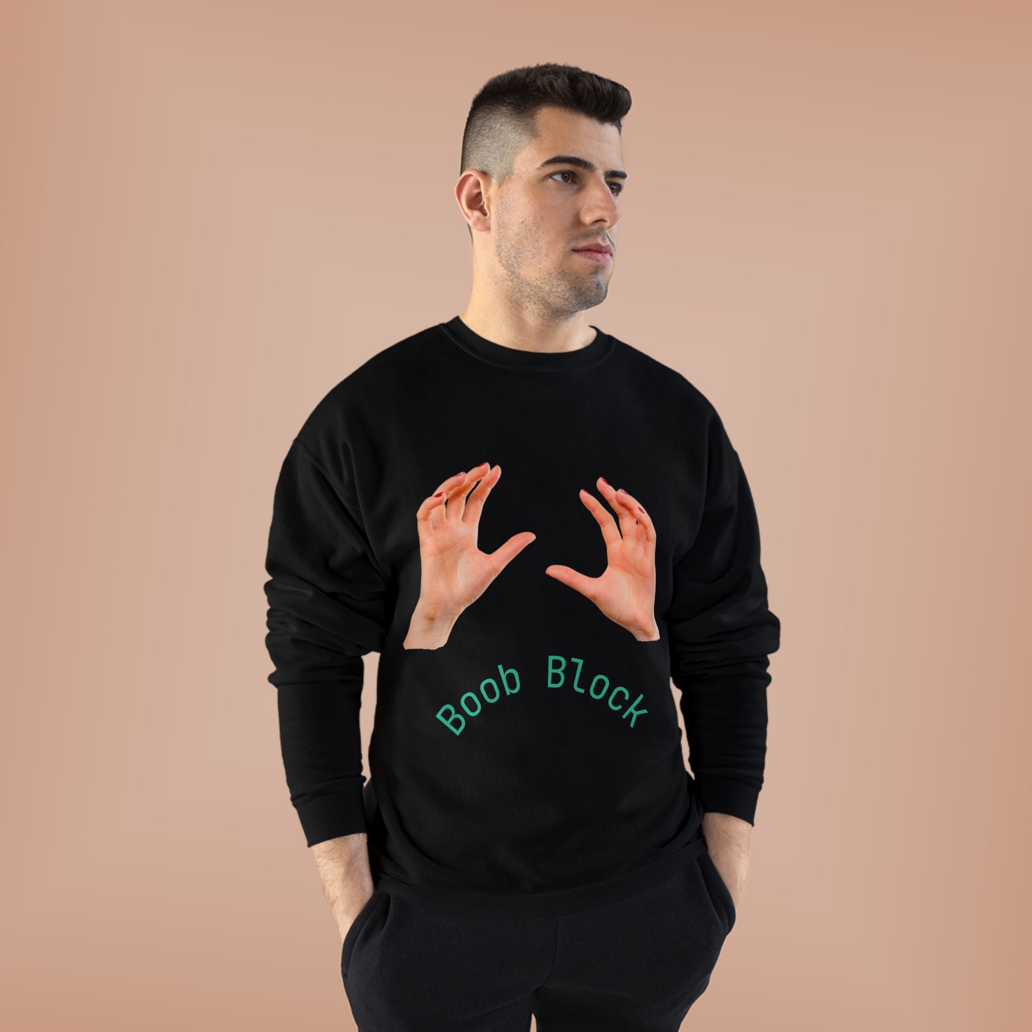 Crewneck Sweatshirt — "Boob Block" Hands Graphic Pullover