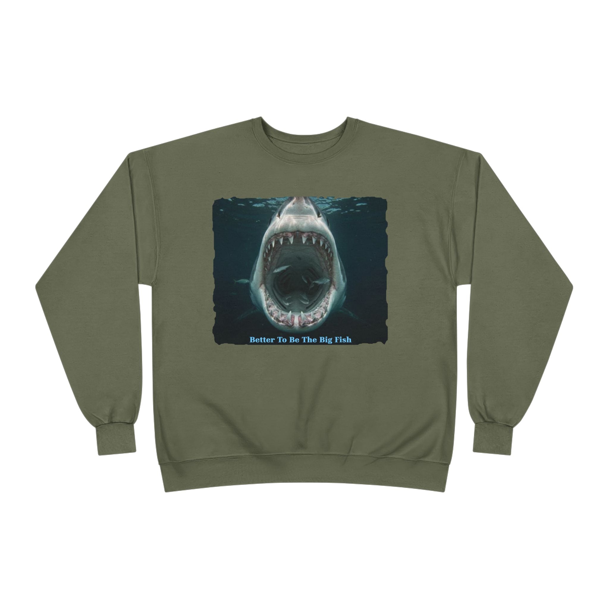 Shark Bite Crewneck Sweatshirt — 'Batter Up, Be The Big Fish' Graphic