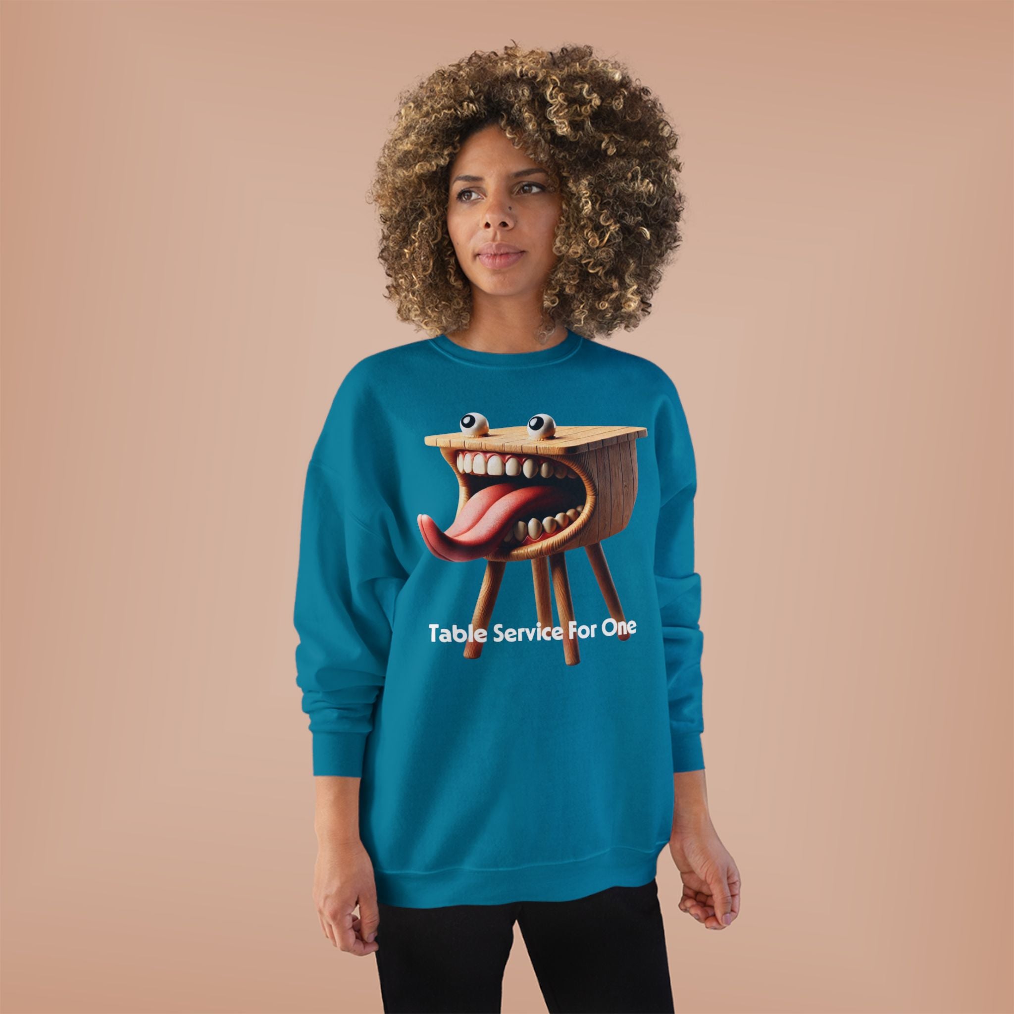 Table Service For One Crewneck Sweatshirt — Funny Surreal Table Graphic