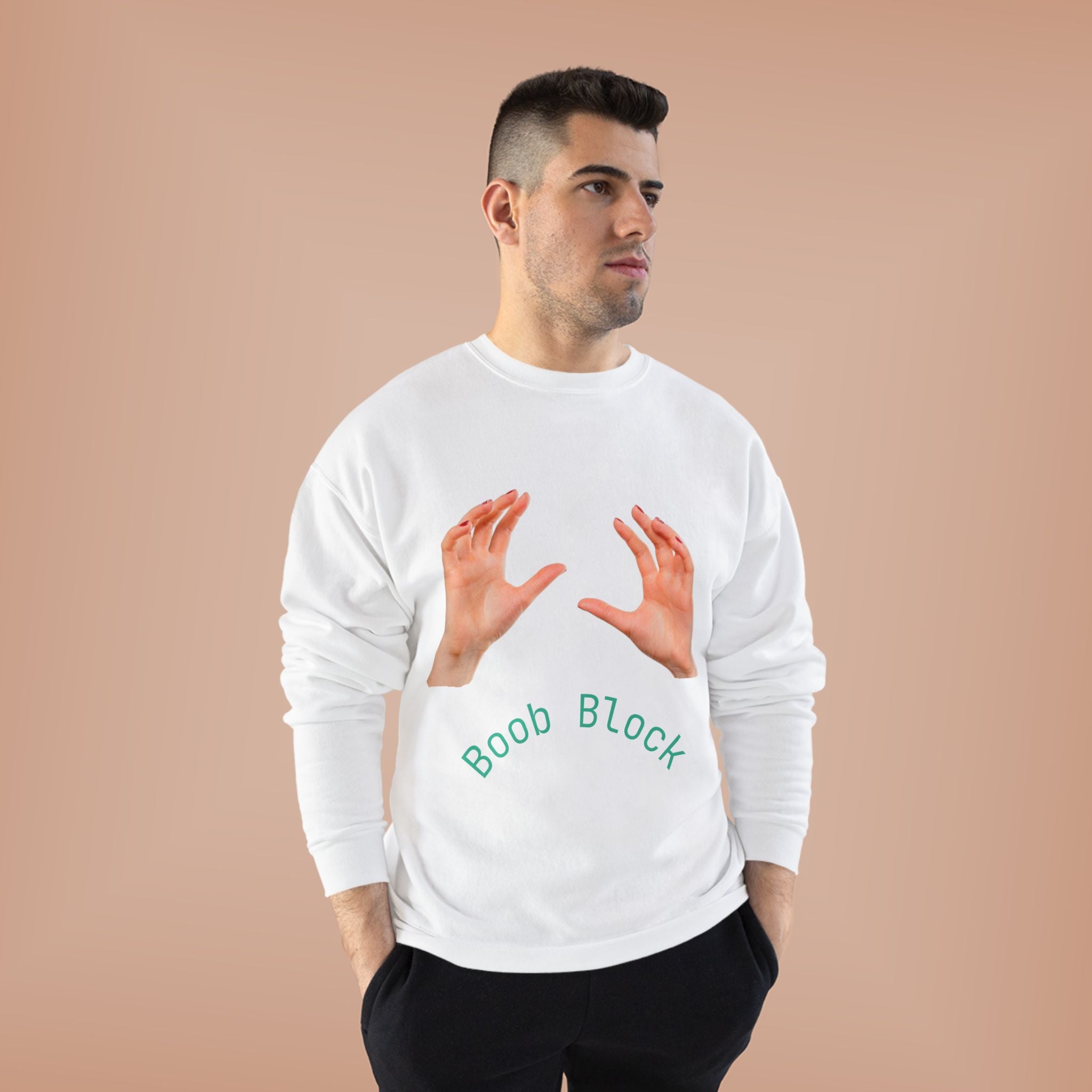 Crewneck Sweatshirt — "Boob Block" Hands Graphic Pullover