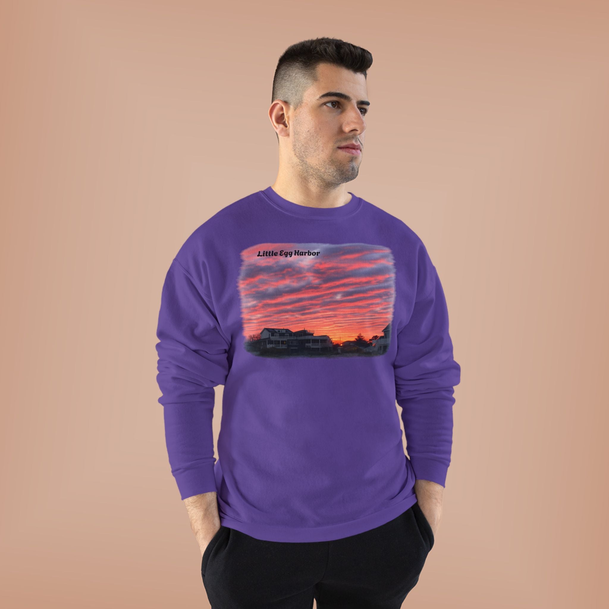 Sunset Landscape Crewneck Sweatshirt – "Little Bay Harbor" Scenic Graphic