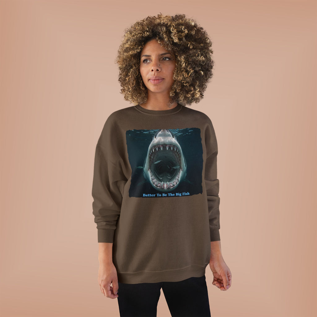 Shark Bite Crewneck Sweatshirt — 'Batter Up, Be The Big Fish' Graphic