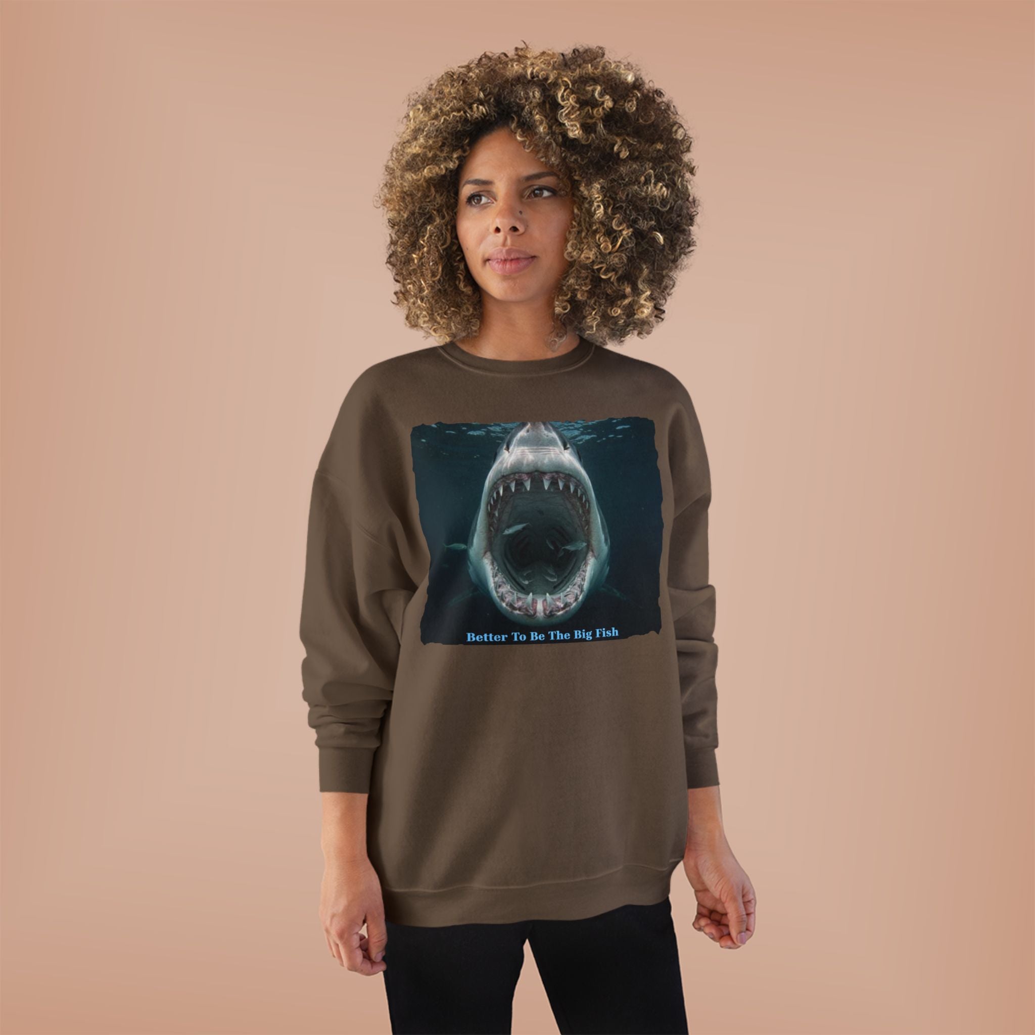 Shark Bite Crewneck Sweatshirt — 'Batter Up, Be The Big Fish' Graphic