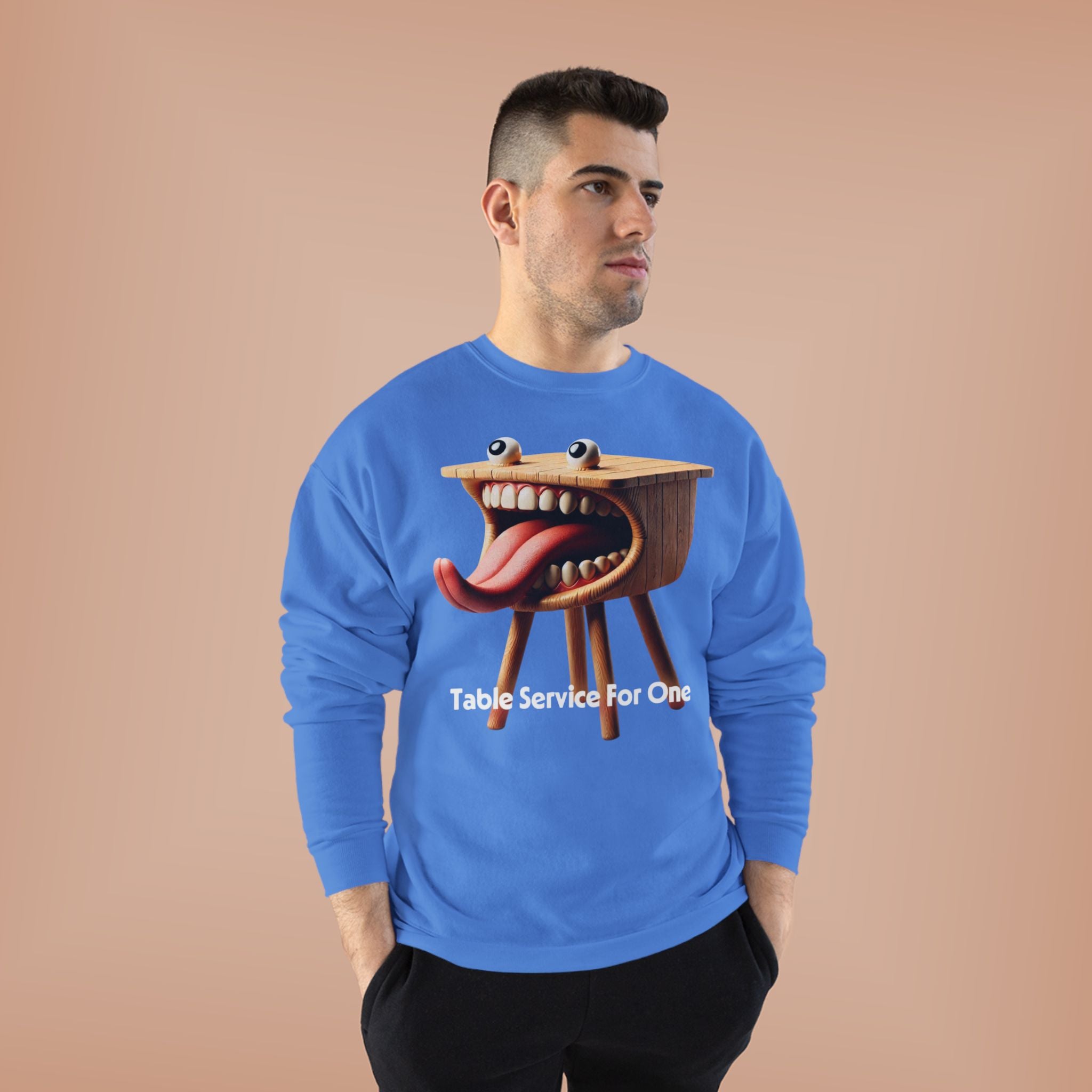 Table Service For One Crewneck Sweatshirt — Funny Surreal Table Graphic