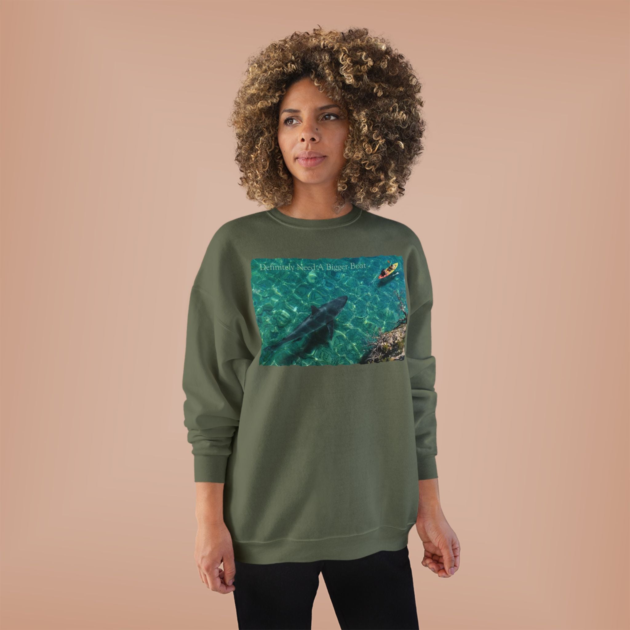 Crewneck Sweatshirt — Kayak Over Shark Photo Graphic