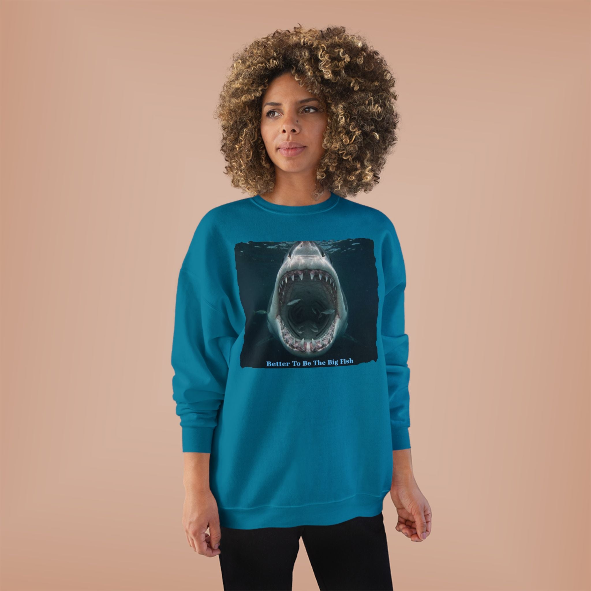 Shark Bite Crewneck Sweatshirt — 'Batter Up, Be The Big Fish' Graphic
