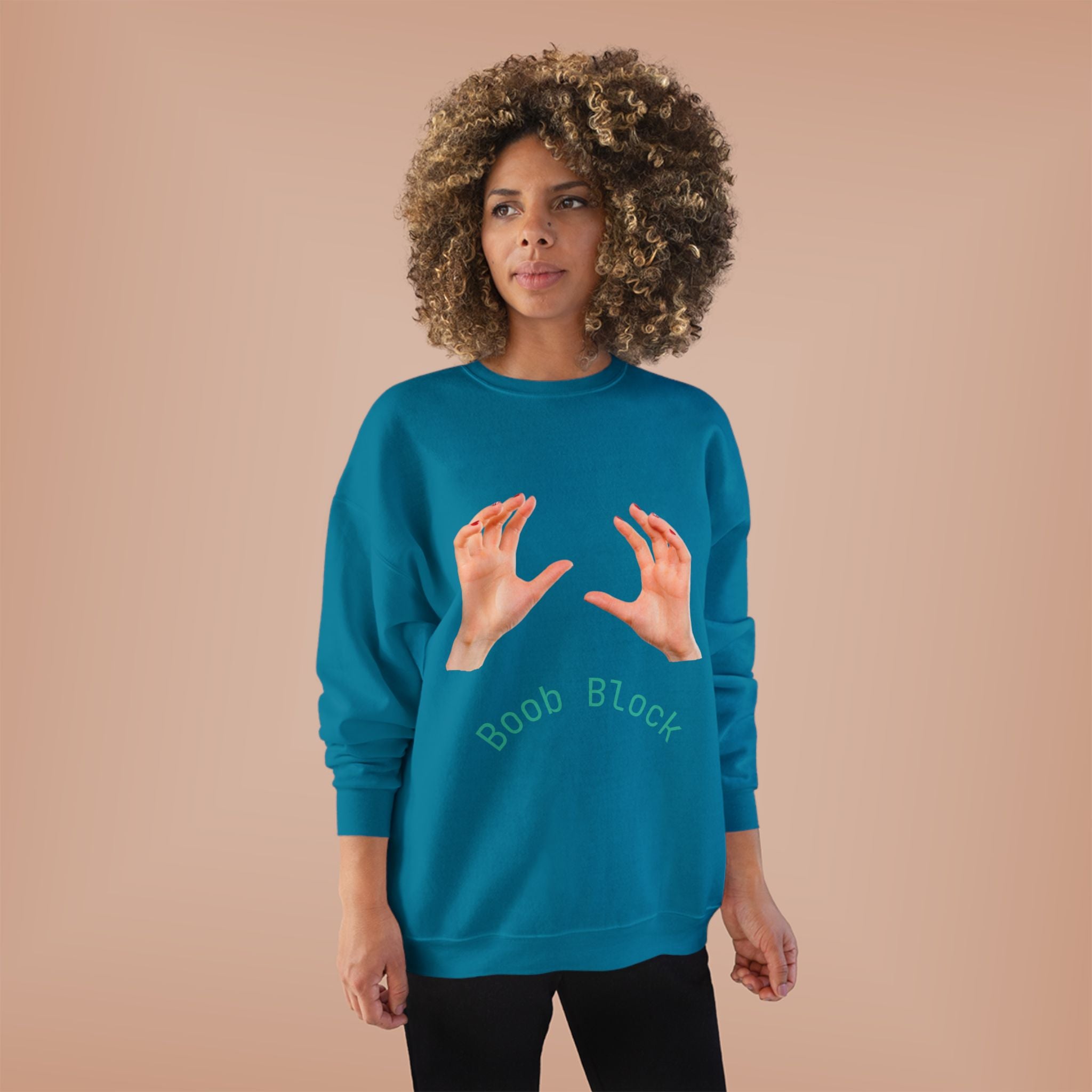 Crewneck Sweatshirt — "Boob Block" Hands Graphic Pullover
