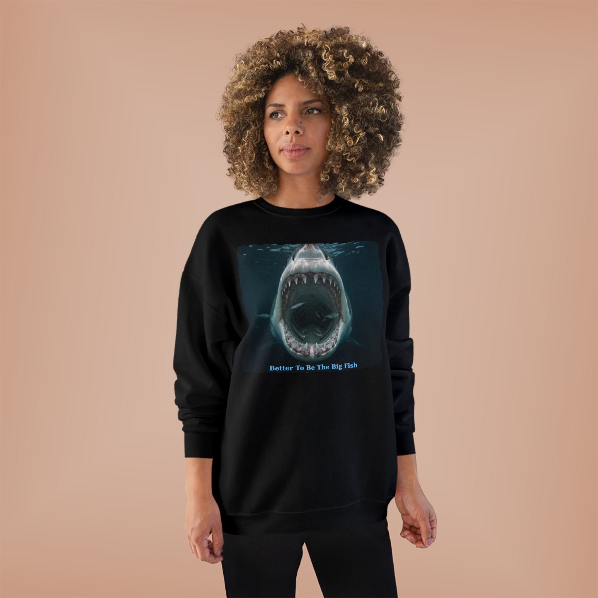 Shark Bite Crewneck Sweatshirt — 'Batter Up, Be The Big Fish' Graphic