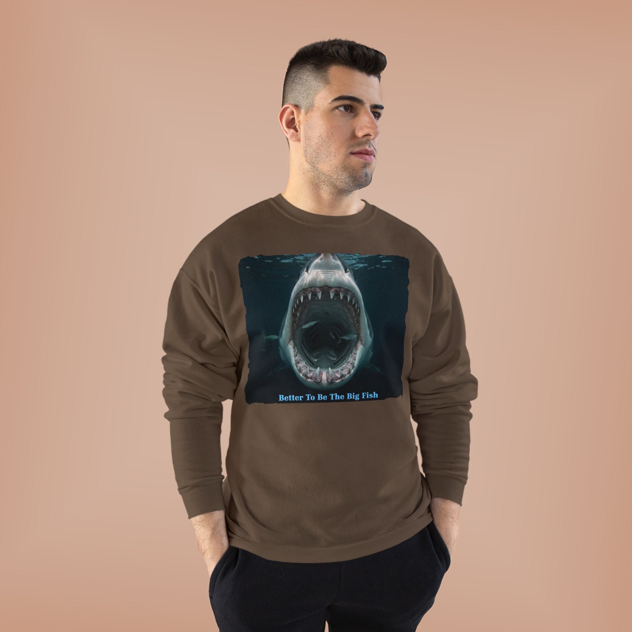 Shark Bite Crewneck Sweatshirt — 'Batter Up, Be The Big Fish' Graphic