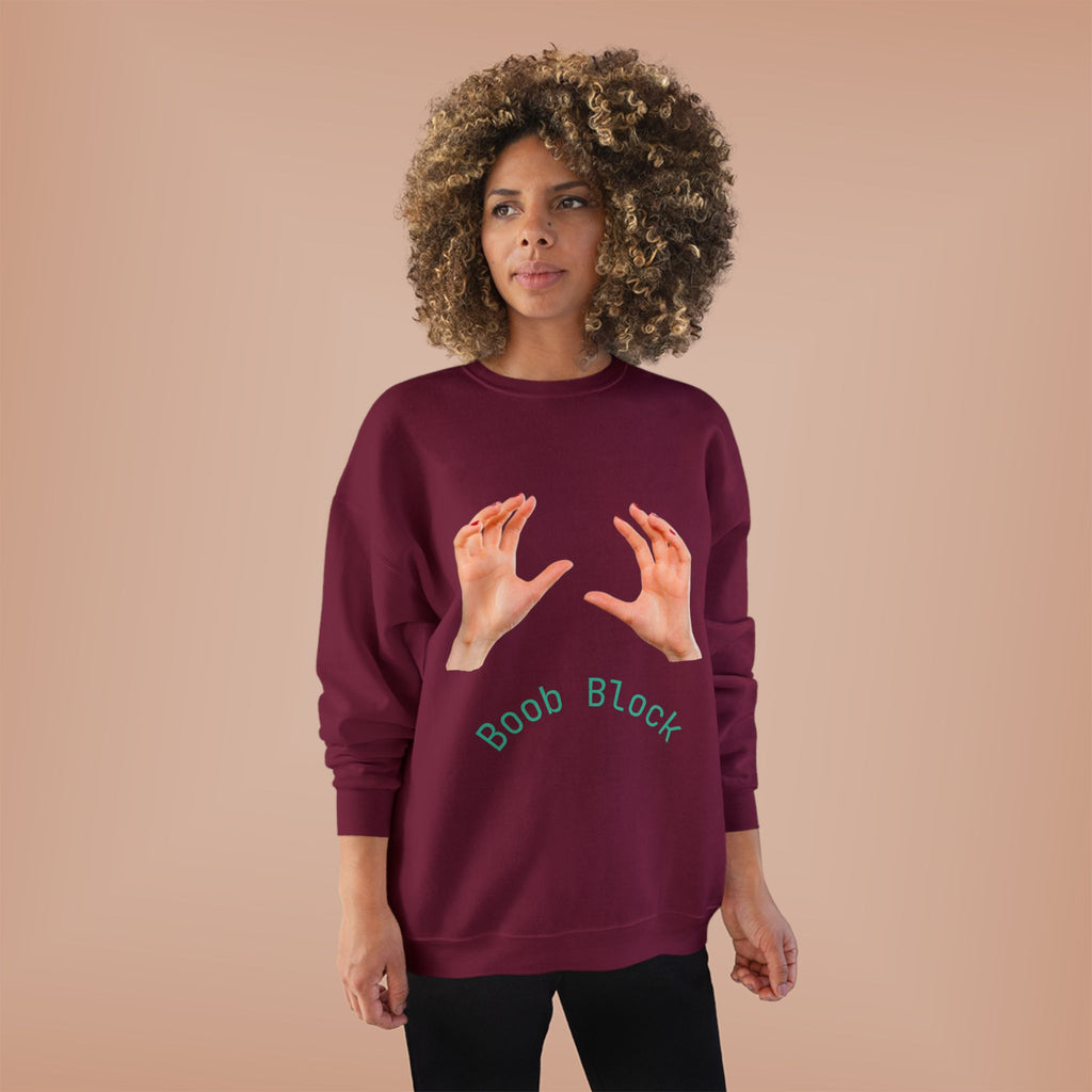 Crewneck Sweatshirt — "Boob Block" Hands Graphic Pullover