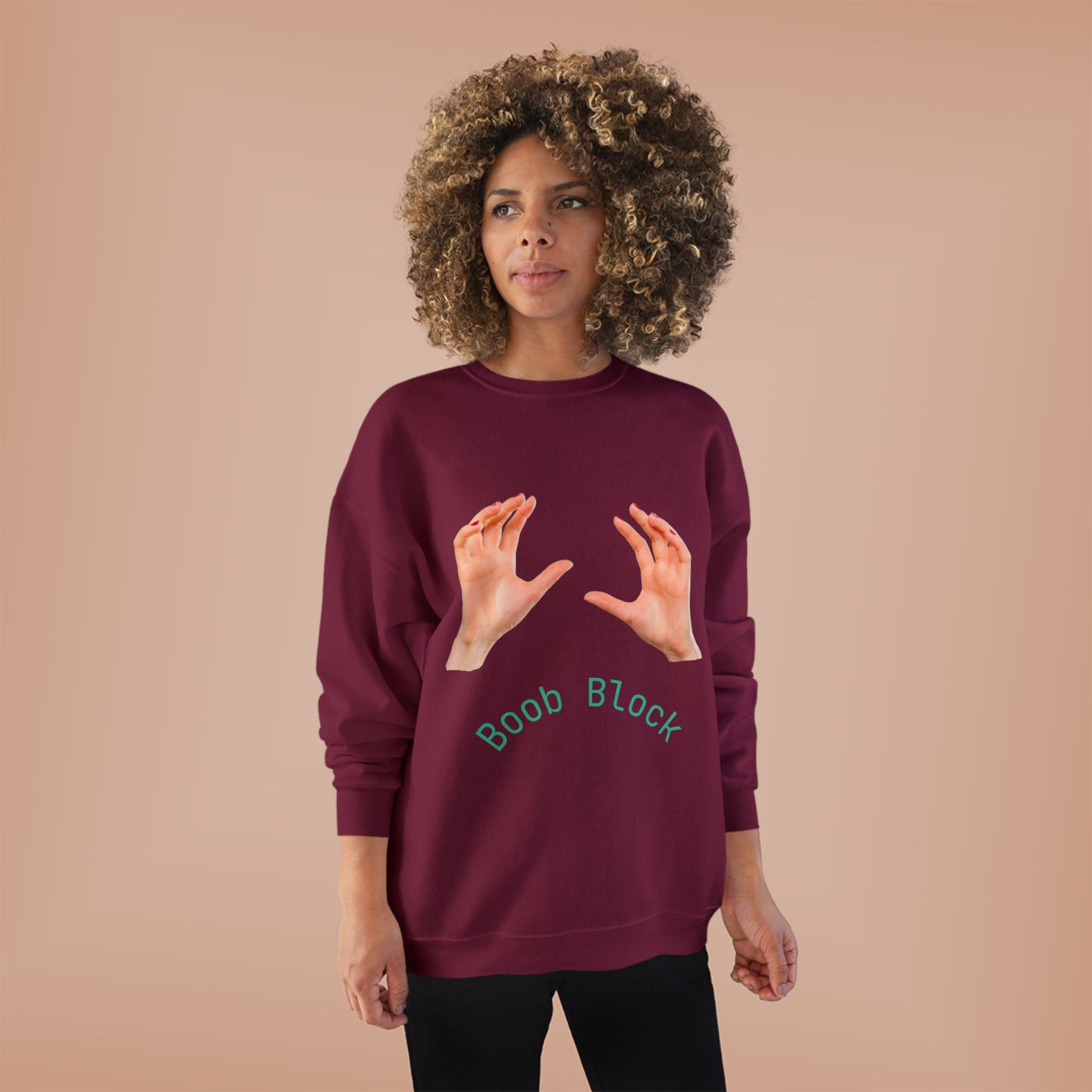 Crewneck Sweatshirt — "Boob Block" Hands Graphic Pullover