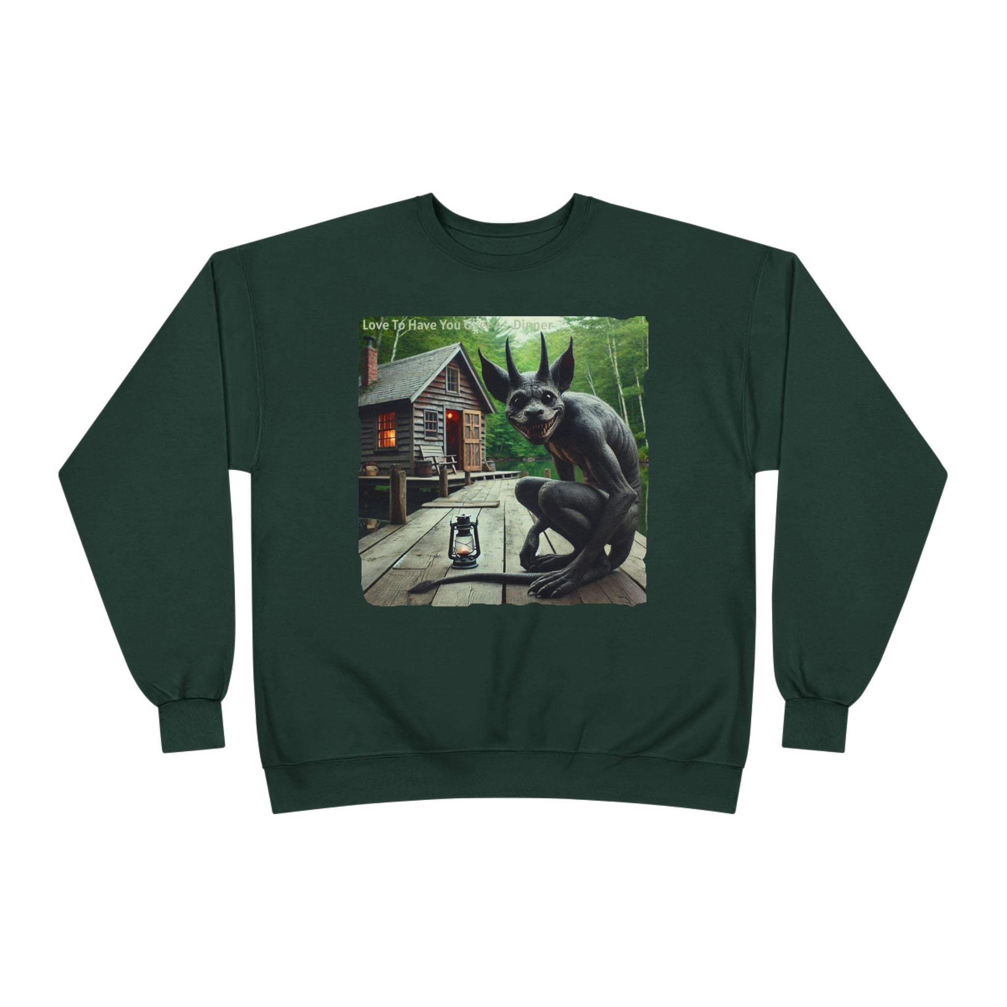 Creepy Cabin Gargoyle Sweatshirt — Haunted Forest Monster Crewneck