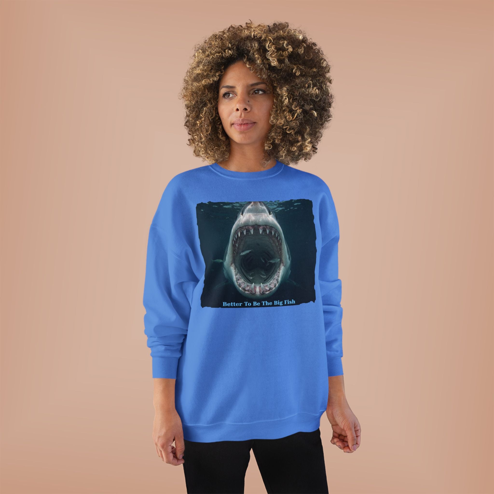 Shark Bite Crewneck Sweatshirt — 'Batter Up, Be The Big Fish' Graphic