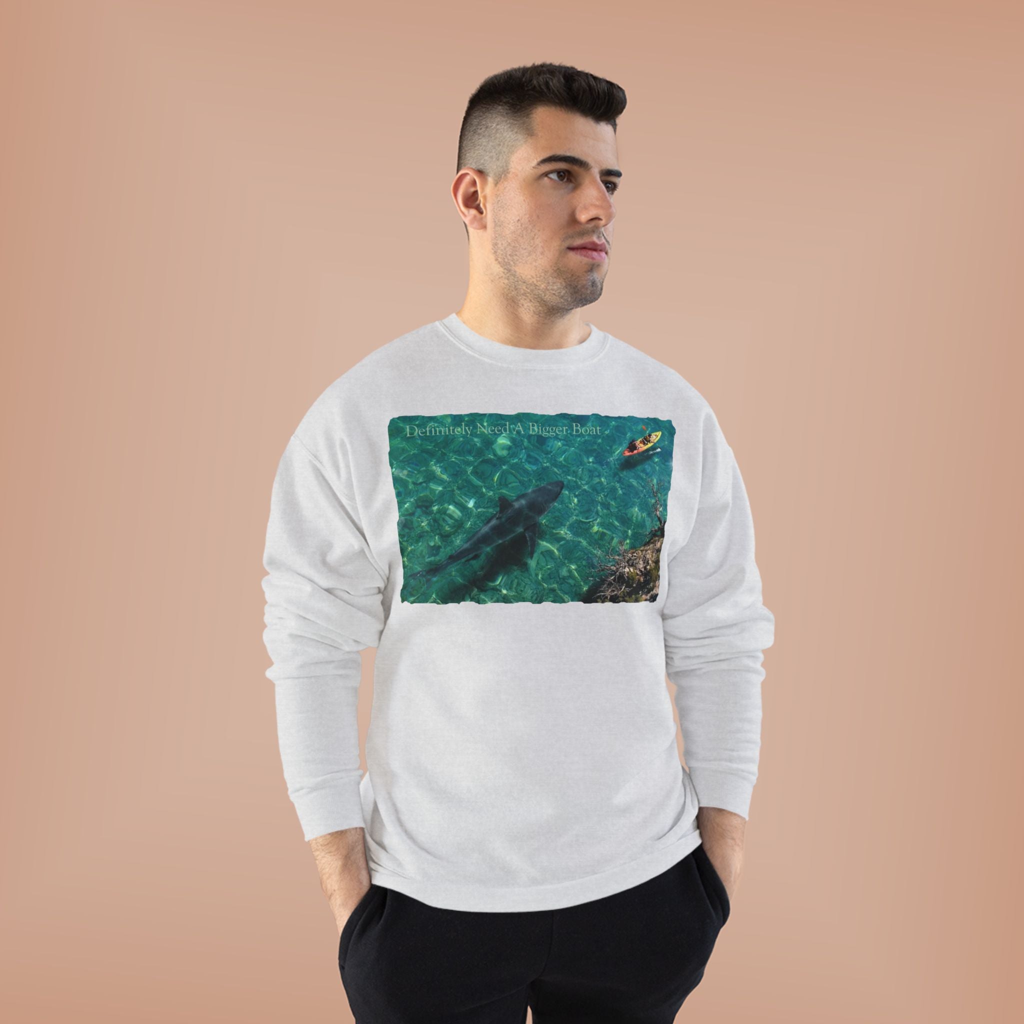 Crewneck Sweatshirt — Kayak Over Shark Photo Graphic