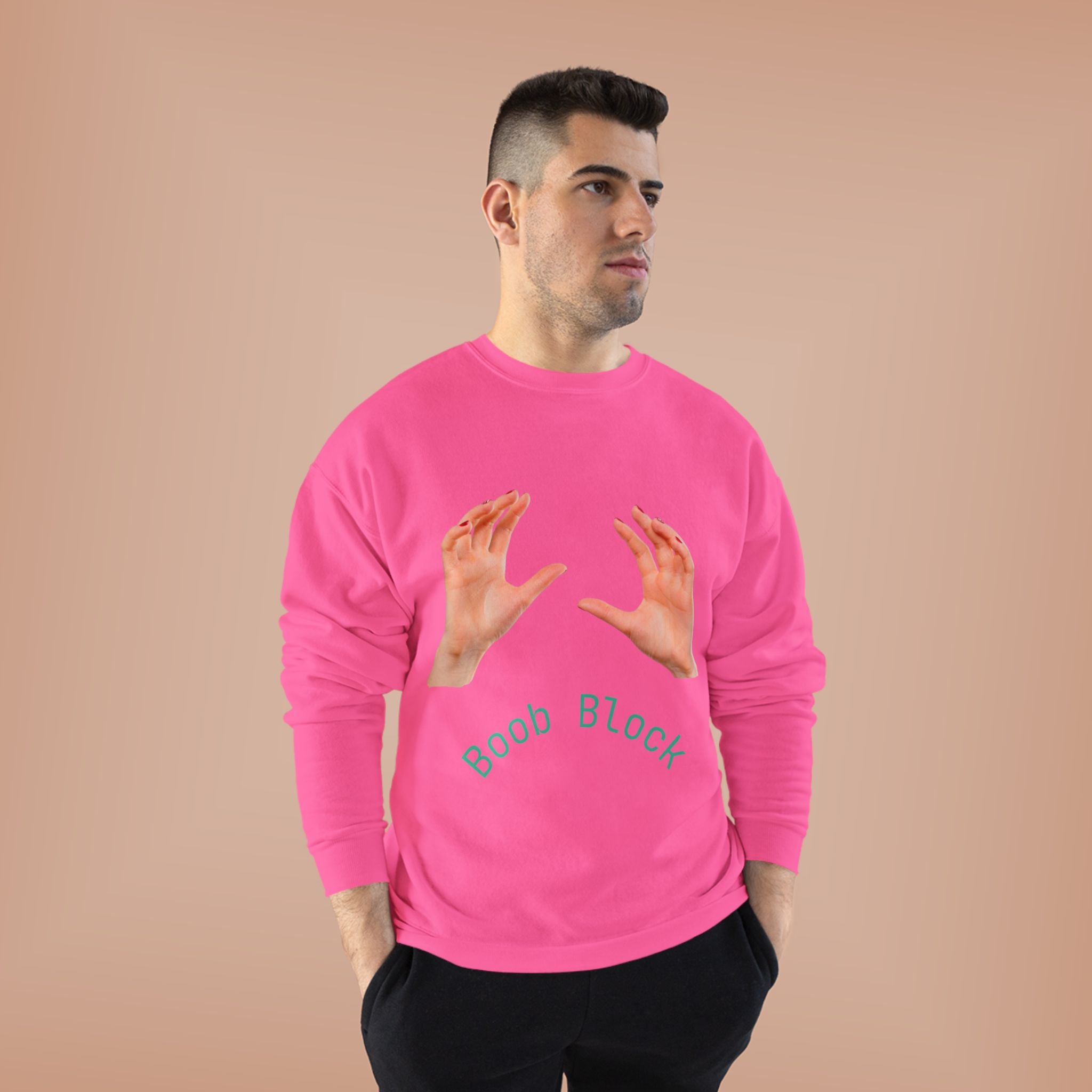 Crewneck Sweatshirt — "Boob Block" Hands Graphic Pullover