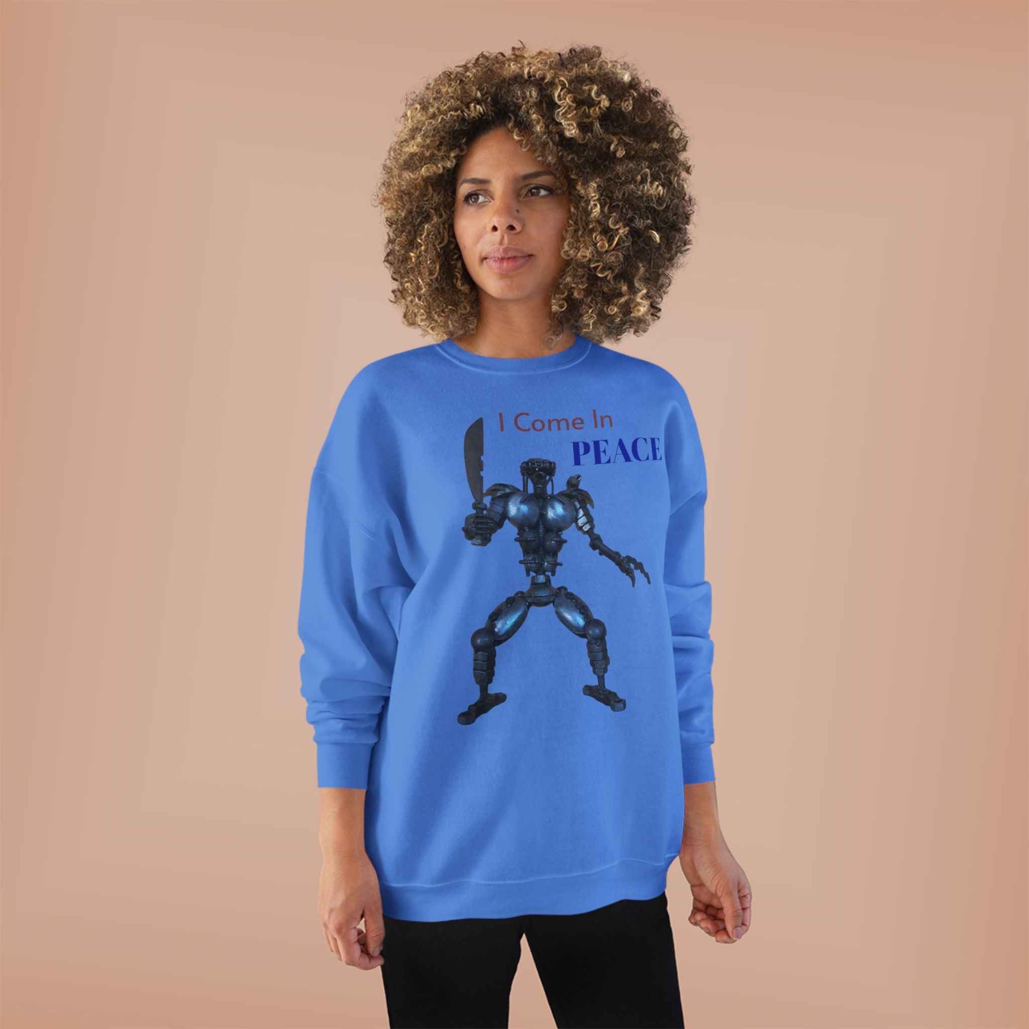 I Come In Peace Robot Crewneck Sweatshirt — Sci‑Fi Alien Warrior Graphic