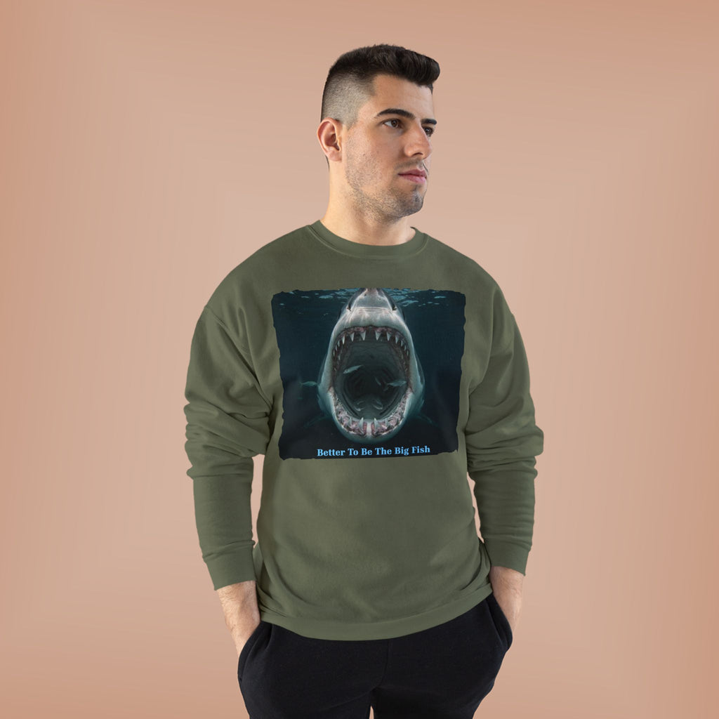 Shark Bite Crewneck Sweatshirt — 'Batter Up, Be The Big Fish' Graphic